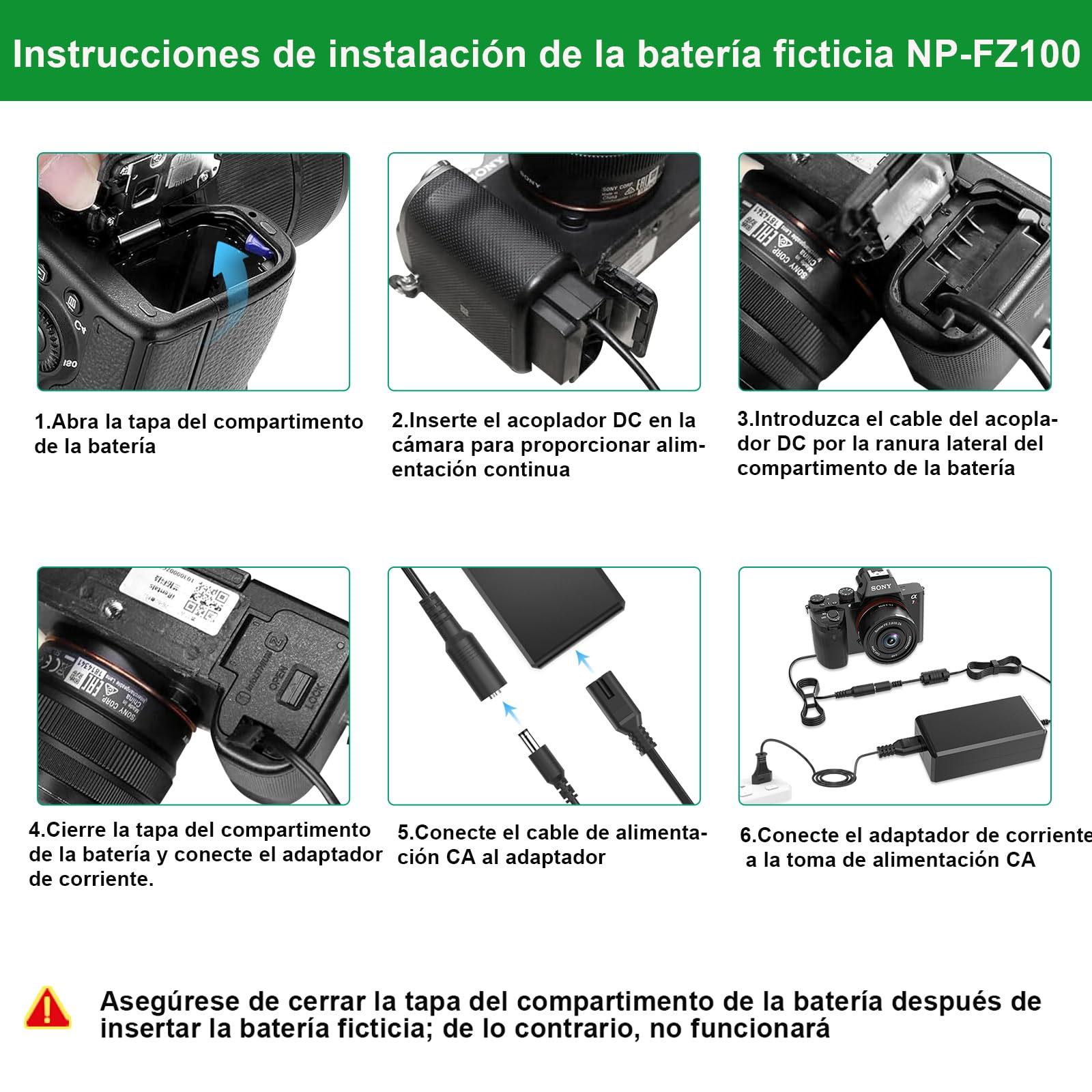 NP-FZ100 Kit de Batería Dummy Fuente de Alimentación Kit Adaptador AC para Sony Alpha A6600, FX3, A7 III, A7R3, A7R IV, A7S III, A9, A9R, A9S, A7C, A1 Cámaras, Sustituye a la Batería BC-QZ1