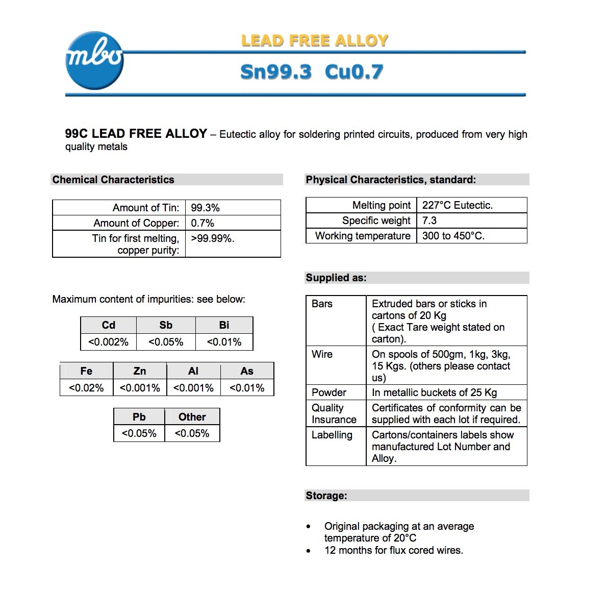 MBO Estaño 500gr, 1,0mmØ, Sn99,3/Cu0,7 Punto de fusión 227ºC