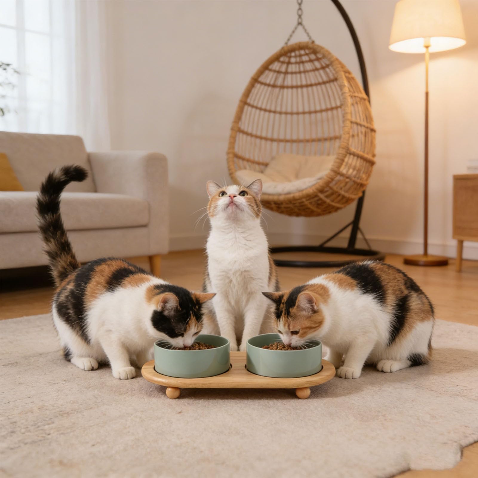 Sxhlseller Gamelles Surélevées en Céramique pour Chat avec Support en Bois, Ensemble de Nourriture et d'eau Surélevées pour Chaton en Riz Blanc, Passent au Micro-Ondes et au Lave-Vaisselle, Non