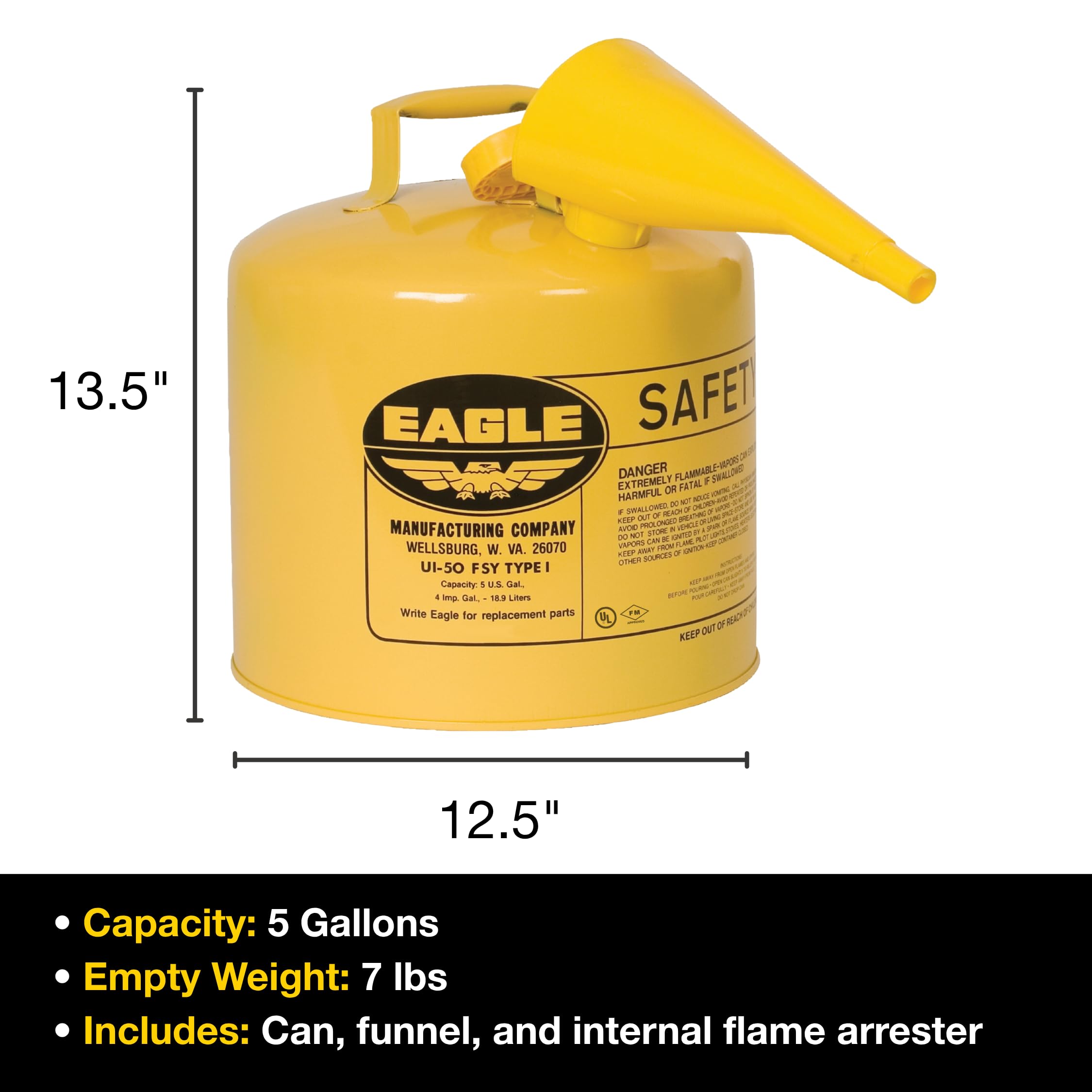 Eagle UI-50-FSY amarillo acero galvanizado tipo I Diesel Seguridad puede con embudo, 5 Gallon Capacity, altura de 13,5 cm, 12,5 cm de diámetro