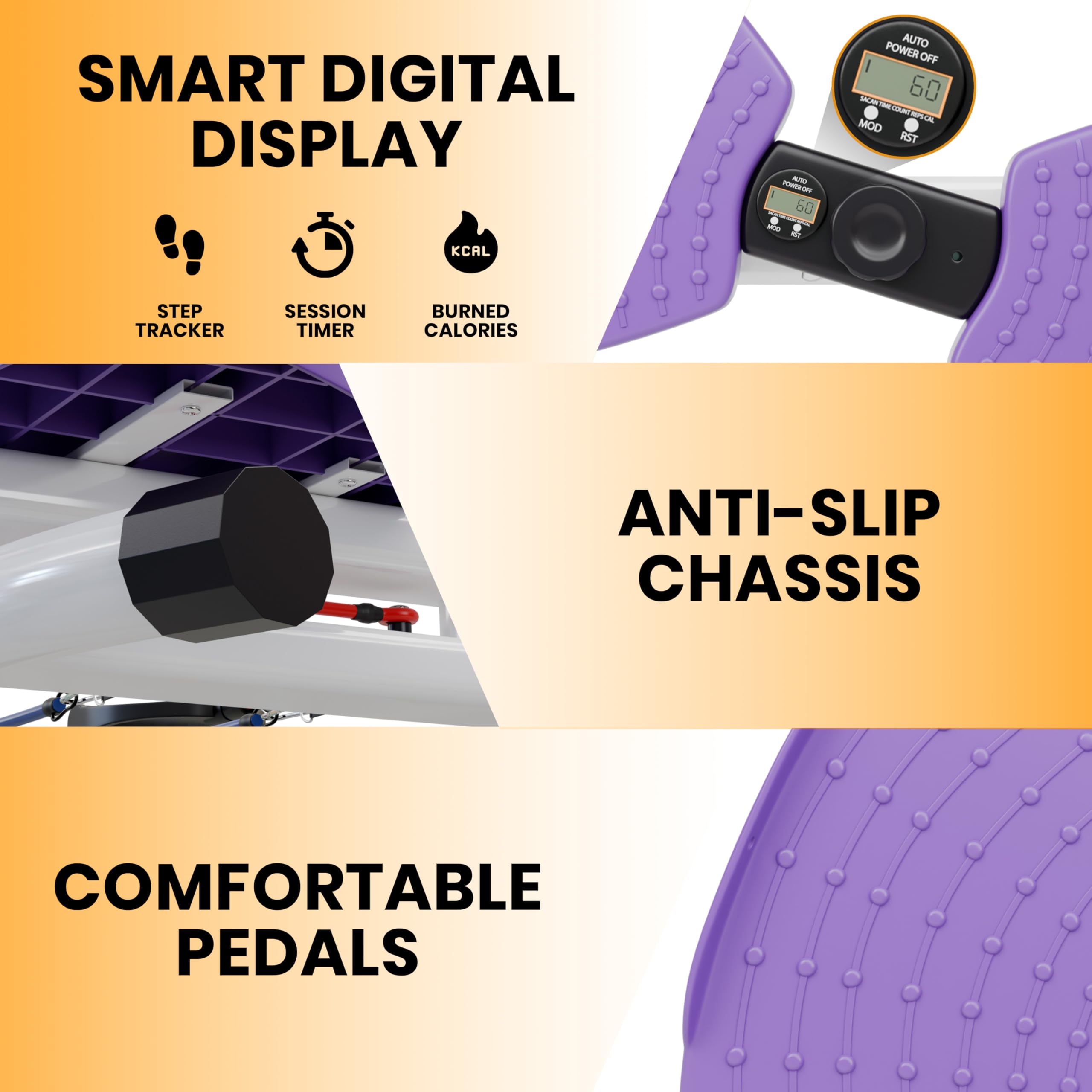 Ronai Máquina de torsión de cintura con bandas de resistencia, tabla ajustable para abdominales para fitness en el hogar, pedales duales, rotación silenciosa, rastrea el tiempo, repeticiones y calorías, capacidad de 300 libras (morado) 7