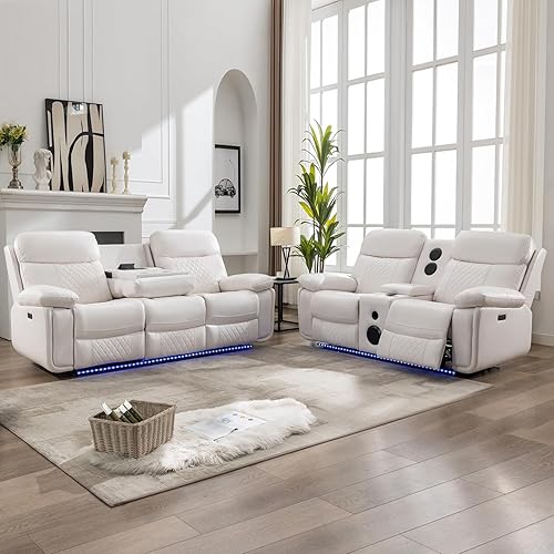 Miniatura 9 de Juego de 2 sofás reclinables eléctricos con altavoces bajos para sala de estar, sofá reclinable eléctrico de 3 plazas de piel sintética con cargador