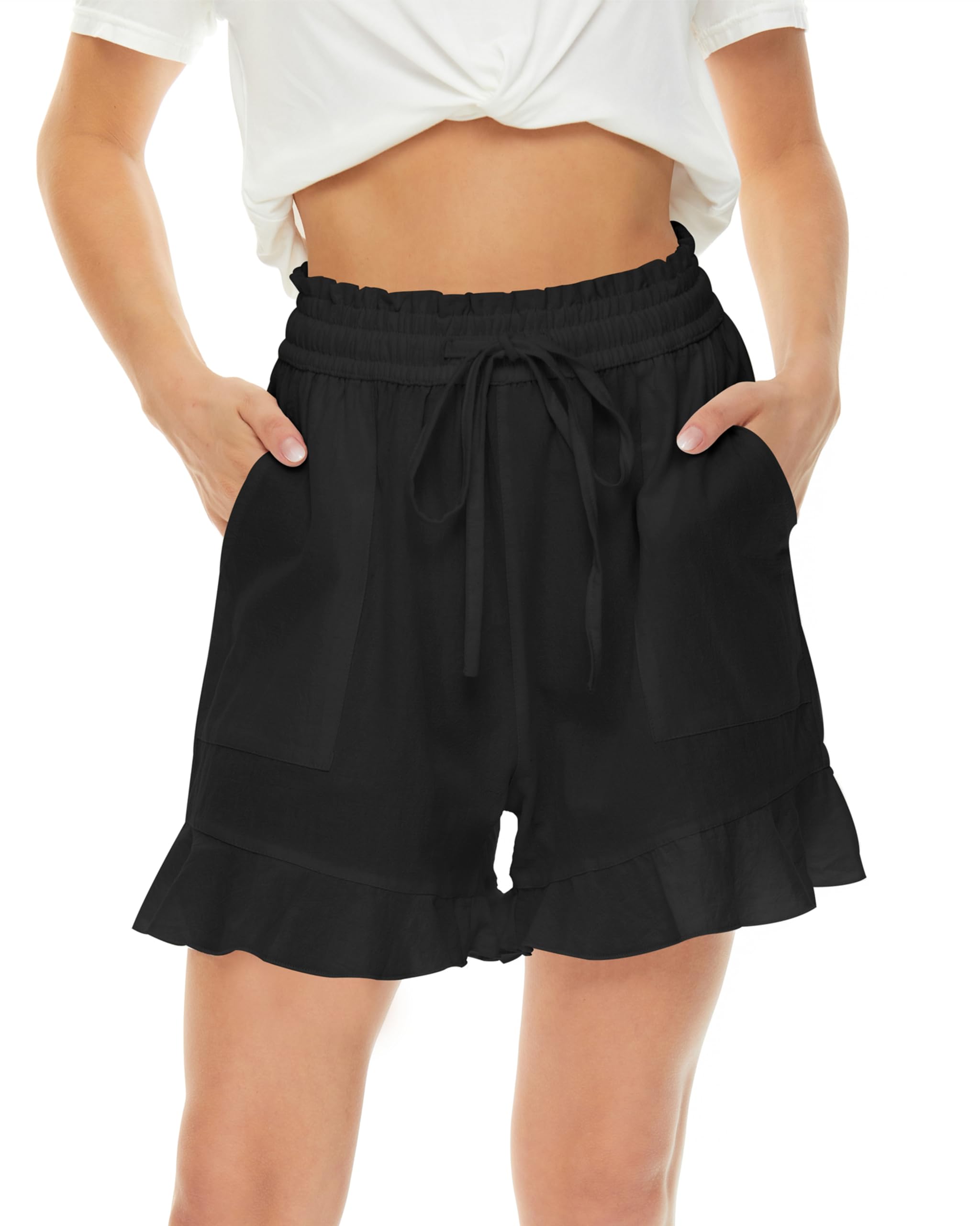 LNX Womens Linen Shorts Ruffle High Waisted Wide Leg Drawstring Summer Beach Shorts with Pockets