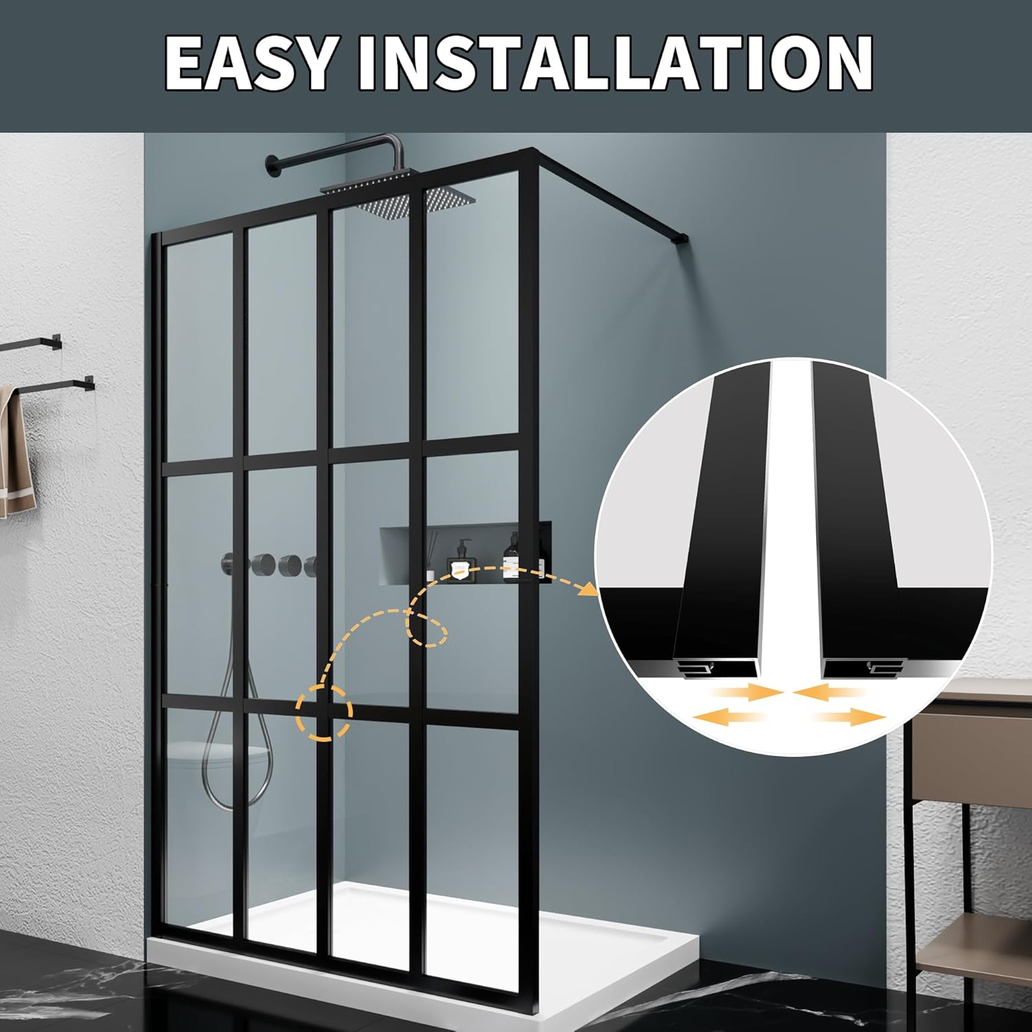 Shower Door 46 ‘W x 72 “H Walk-in Bathroom Framed Shower Screen, Single Shower Glass Panel, 1/5” Thick Clear Tempered Glass, Grid Pattern, Black Finish