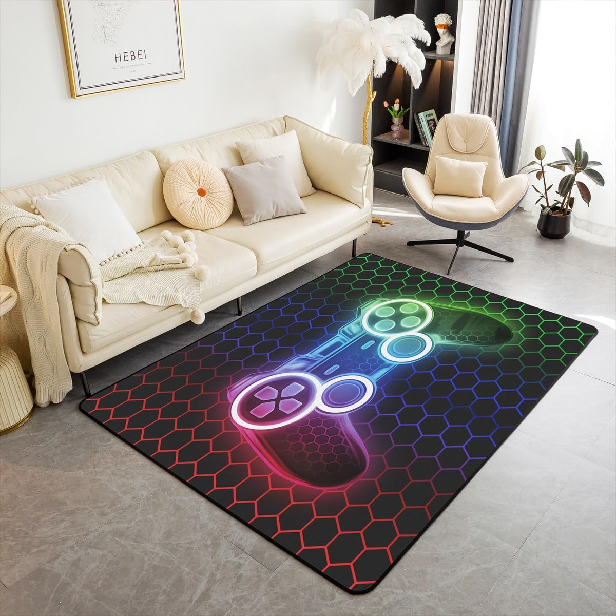 Loussiesd Dywan dla graczy dla dzieci 150 x 200 cm o strukturze plastra miodu dywan do salonu chłopcy dziewczęta gamepad dekoracyjny dywan konsola do gier kontroler nastolatki wewnętrzna mata
