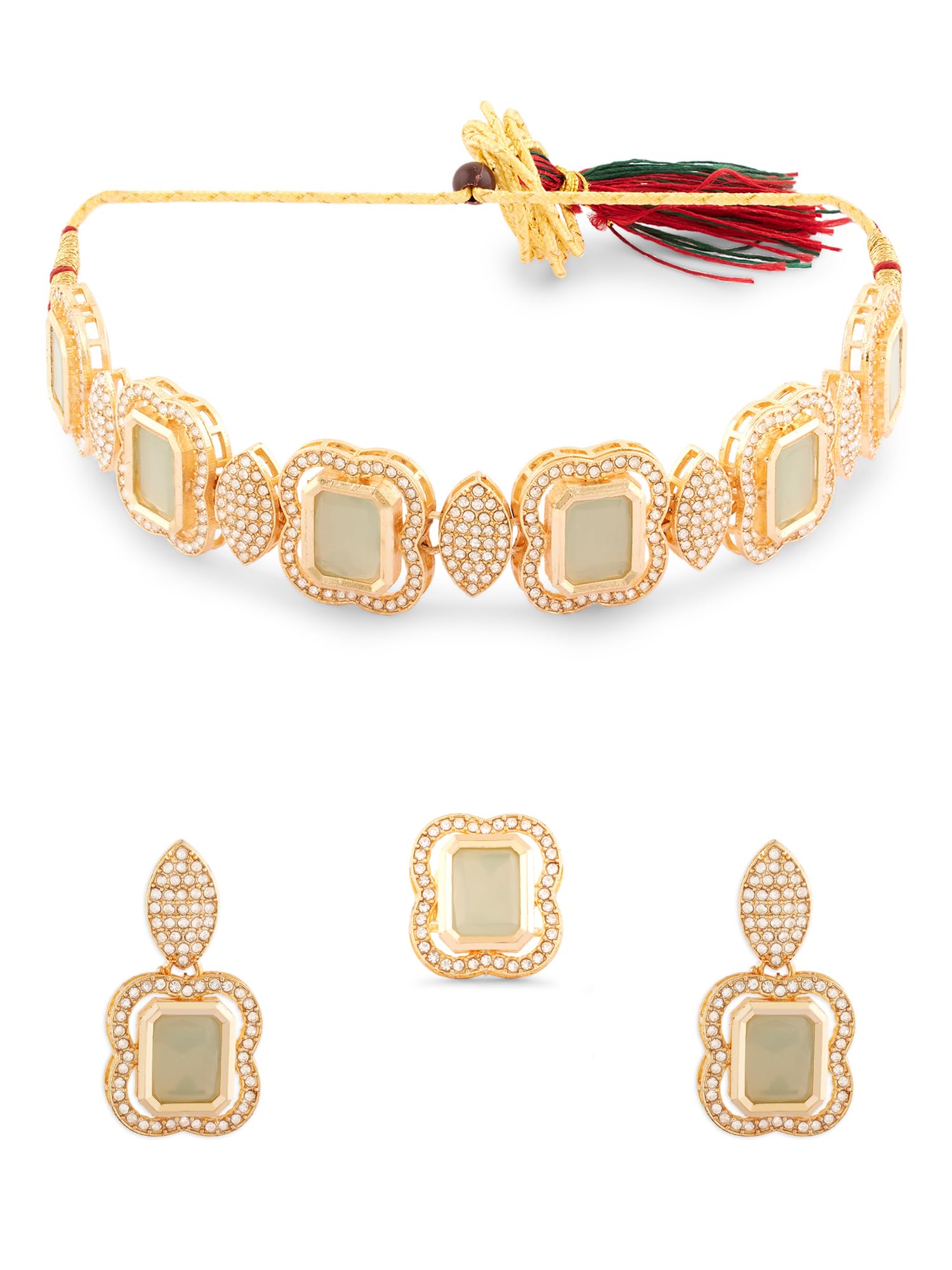 ZAVERI PEARLS Mint Green Stones Austrian Diamonds Choker Necklace Earring & Ring Set For Women-ZPFK17277 (B0CTF5H43L) Amazon Price History, Amazon Price Tracker