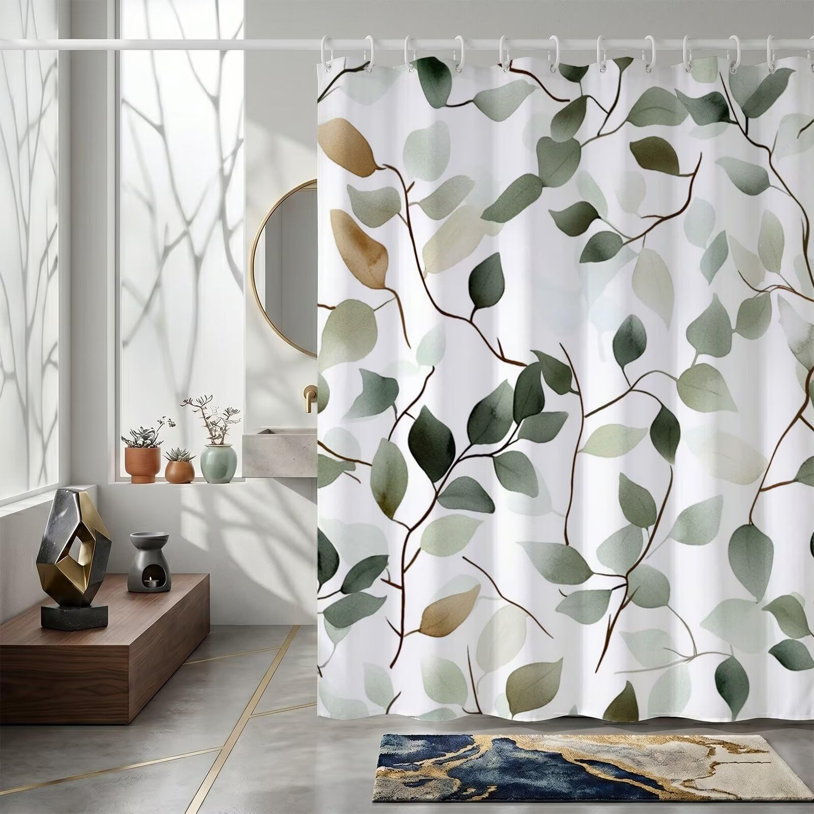 AUWUUA Eucalyptus Leaf Shower Curtain 59x79in/150x200cm/WxH Green Plant Shower Curtains, Minimalist Waterproof Bathroom Curtain with Hooks, Polyester Fabric Bathtub Curtains for Bathroom Hotel