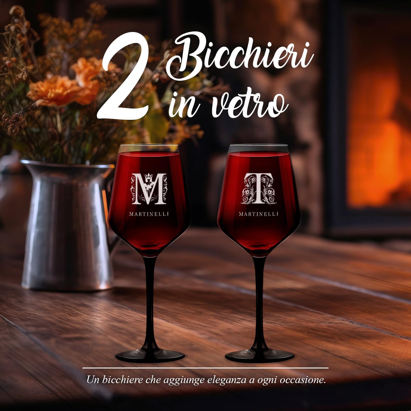 Maverton 2 Calici da vino Rubino - incisione personalizzata - 300 ml - con gambo nero - pensiero speciale per nozze - adatti per vino secco e dolce - unici per coppia - regalo di Natale - art decò