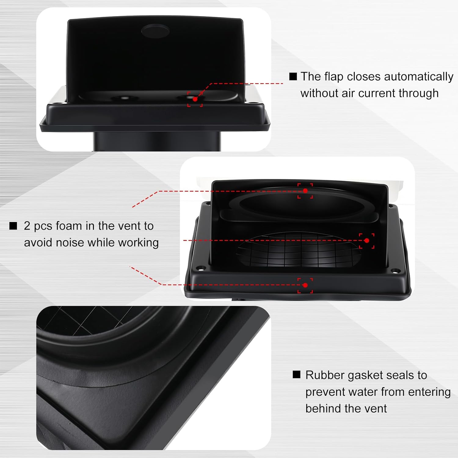 Gisafai 4'' Dryer Vent Cover Outside Walls External Extractor Fan Exhaust Vent Cap Stainless Steel Hood Cushioned Non Return Flap with Sealing Gasket Grille Screen(Black)