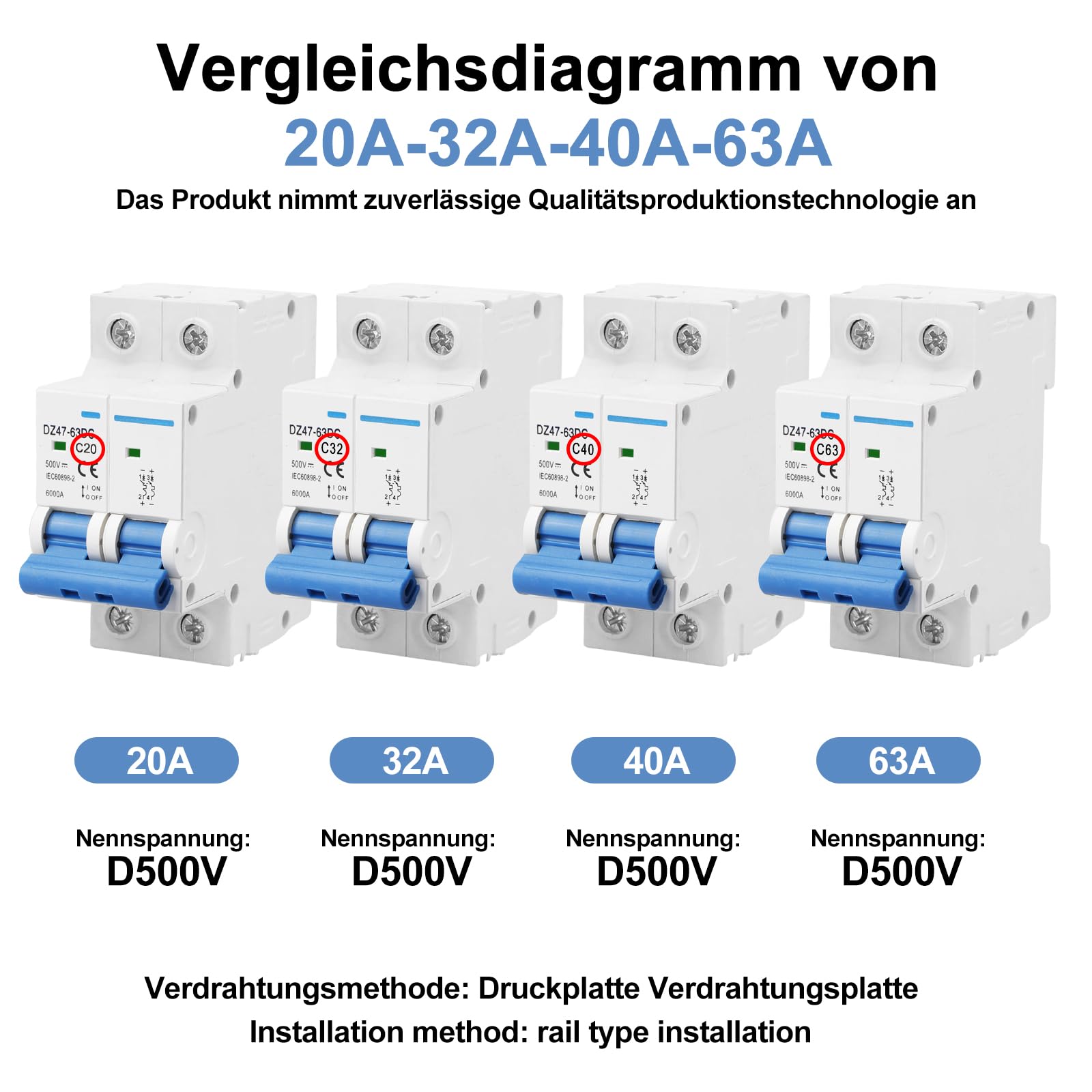 Lot de 2 disjoncteurs CC - Système PV - 500 V - 20 A - 2 pôles - Disjoncteur solaire - Disjoncteur automatique pour systèmes photovoltaïques - Disjoncteur d'air de protection - Montage sur rail DIN 35