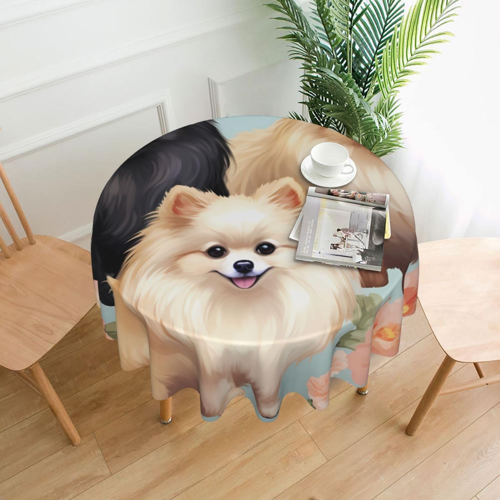 FodPand Pomeranians Pattern Tablecloths for Round Tables 60 Inch - Reusable Washable Dining Table Clothes - Stain and Wrinkle Resistant Decorative Fabric Table Cover for Wedding Party