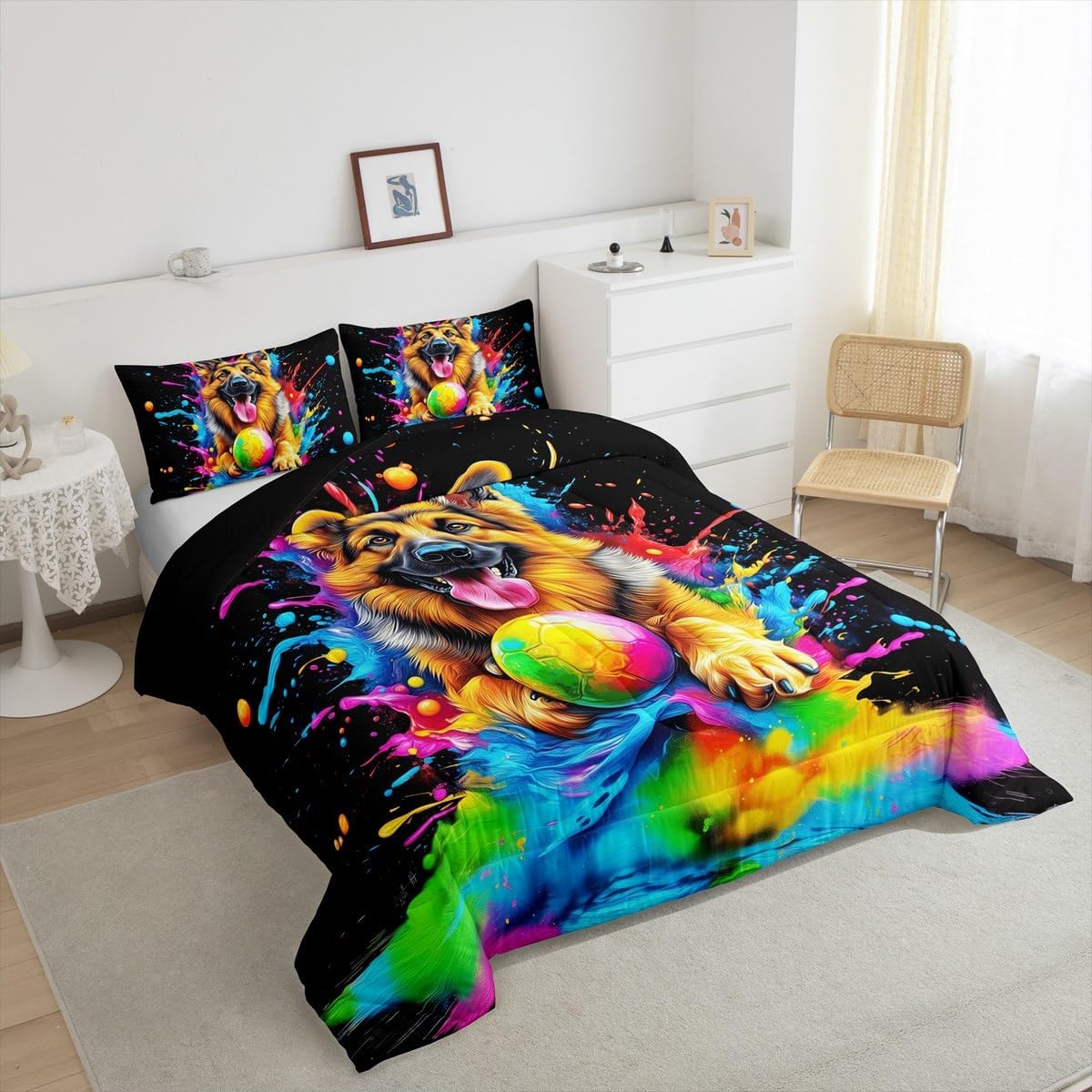 Cute Dog Bedding Sets Twin Size,German Shepherds Animal Comforter Set for Kids Boys Girls Teen Adult Room Decor,Cartoon Football Watercolor Down Comforter Color Dots Pet Quilt Set,1 Pillowcase
