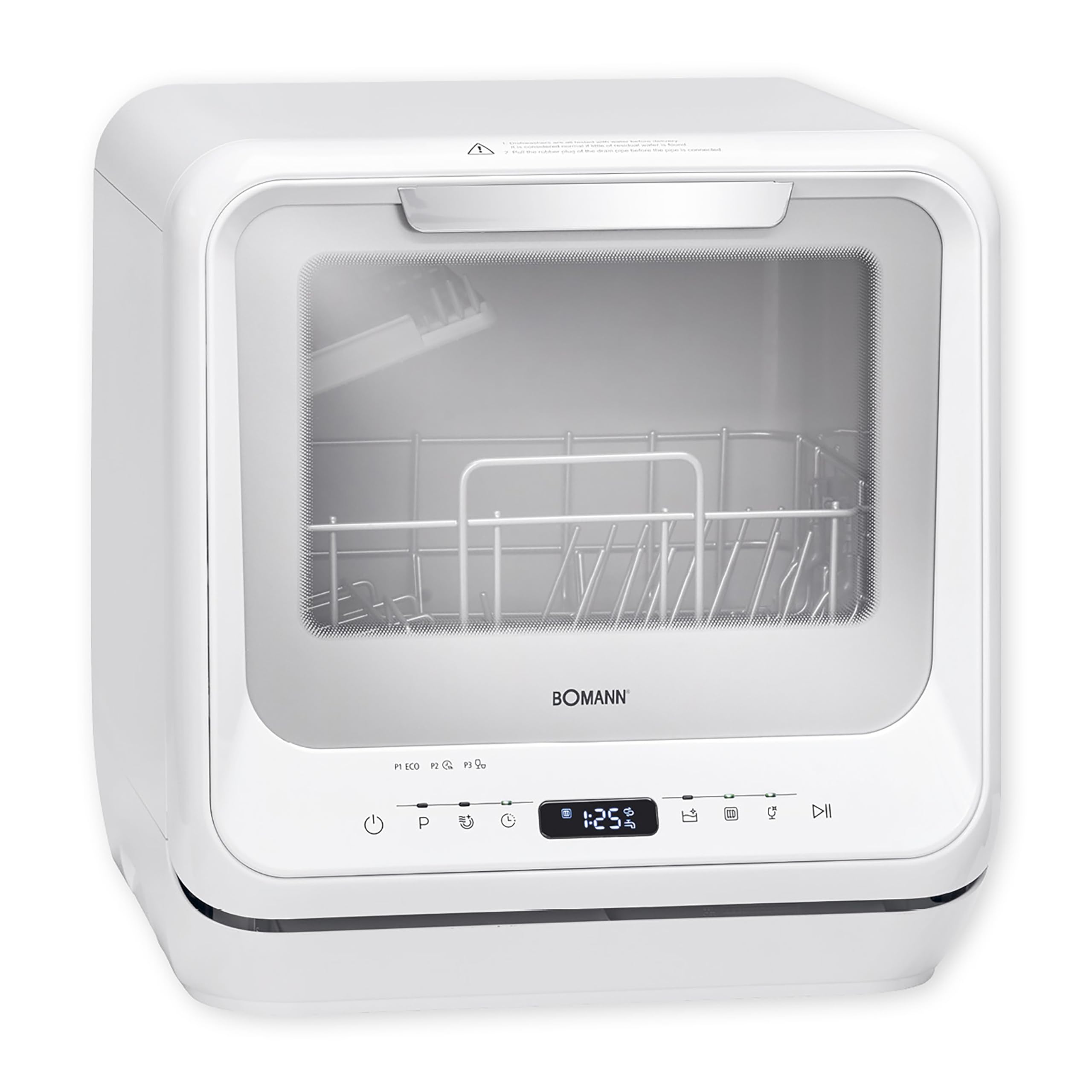 Bomann TSG 757010 Mini Lave-vaisselle avec ou sans raccordement à l'eau 5 programmes Réservoir d'eau 5L et éclairage intérieur 2 niveaux de pulvérisation Blanc