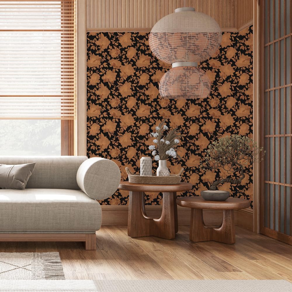 Tempaper Metallic Copper & Black Silhouette Removable Peel and Stick Floral Wallpaper, 20.5 in X 16.5 ft, Made in The USA