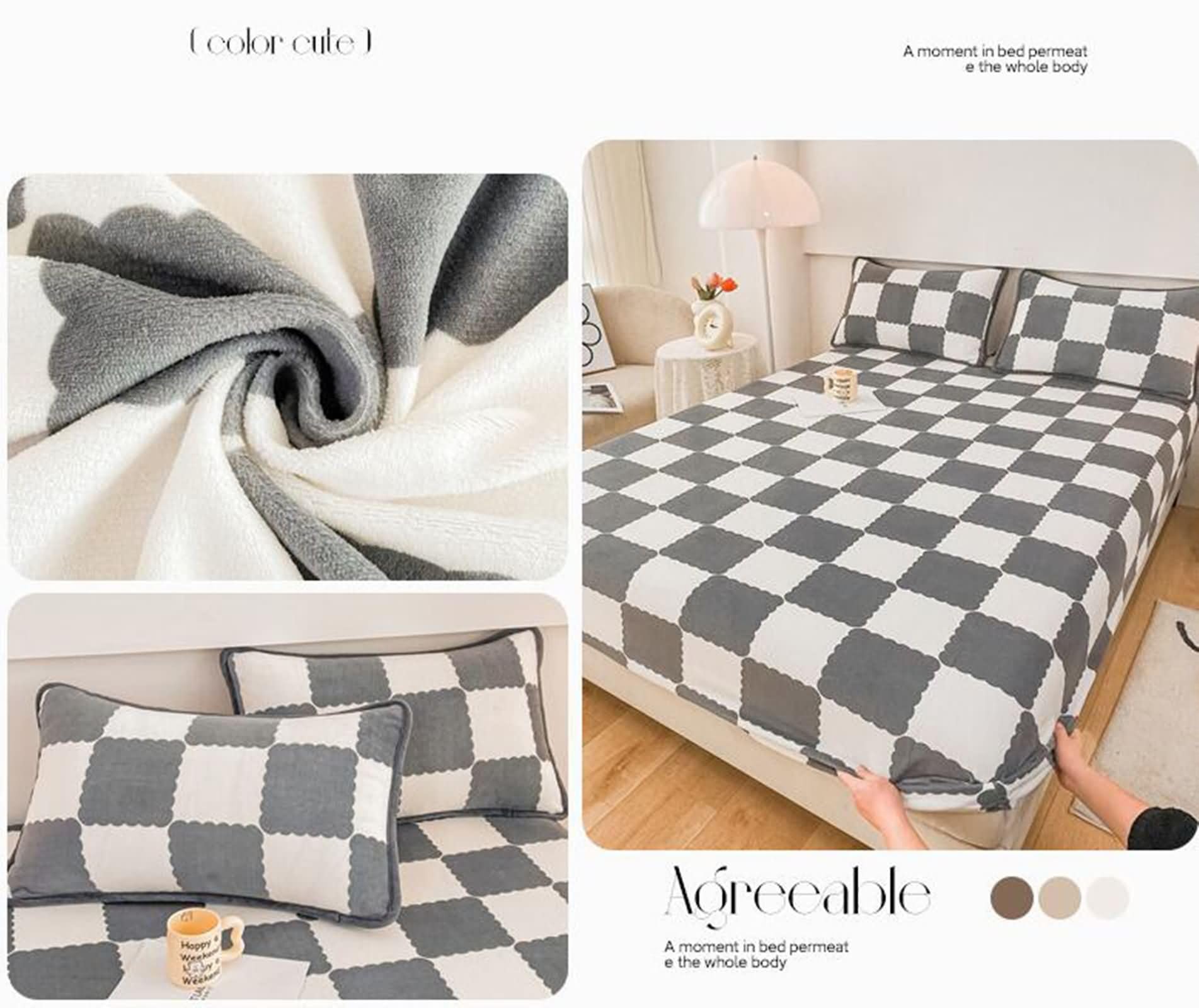 Grau Spannbettlaken Dekorativ, Kariert Muster Bettlaken mit Gummizug Samt, Textilien Bettwäsche Set Laken für Bett Unterbett für Matratze, 180x220cm