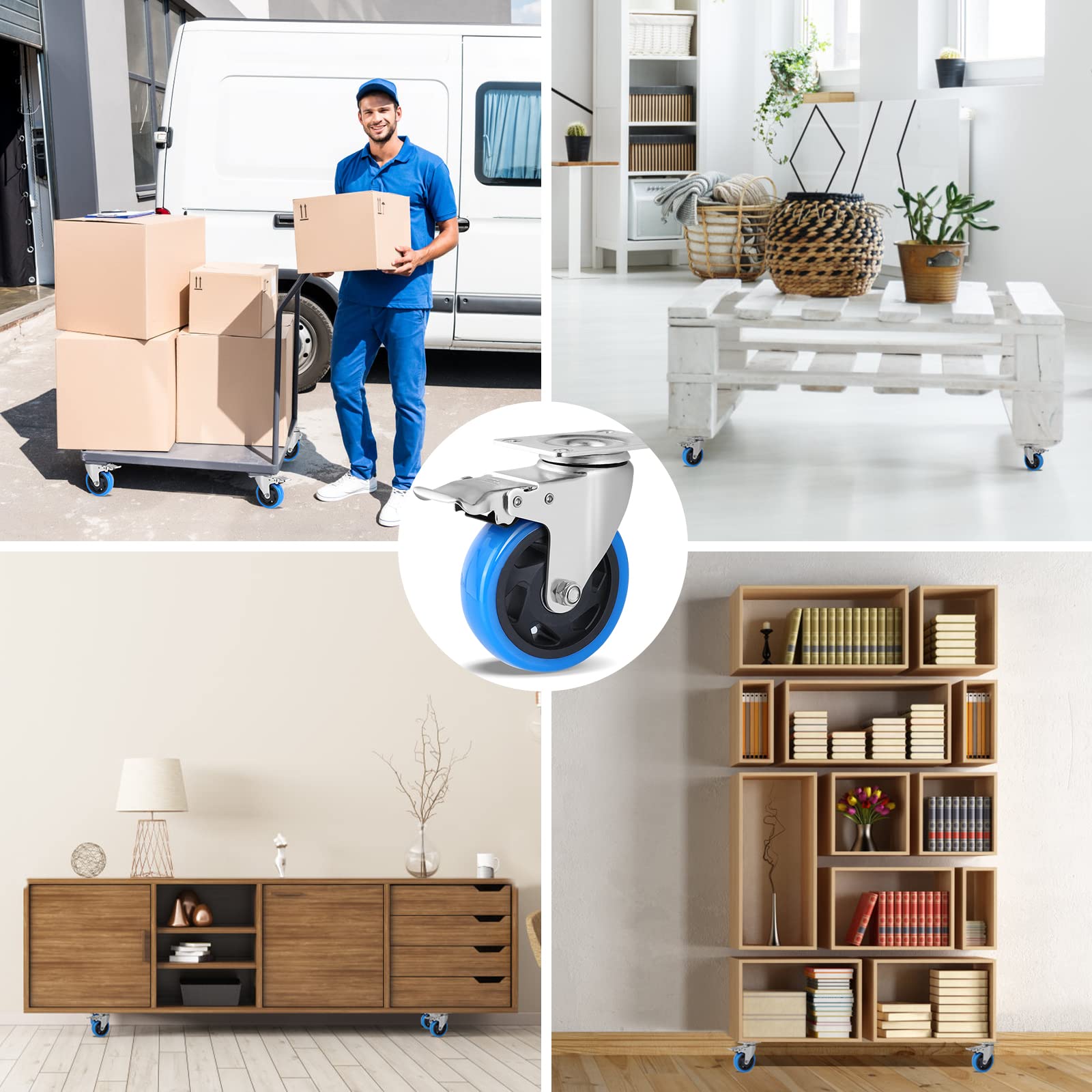 Set de 8 Ruedas Giratorias con Freno – Ruedas para Cargas Pesadas, Capacidad 1200 kg, Silenciosas y Sin Rayar, Ideales para Muebles, Mesas de Trabajo y Talleres (Azul, 100 mm)