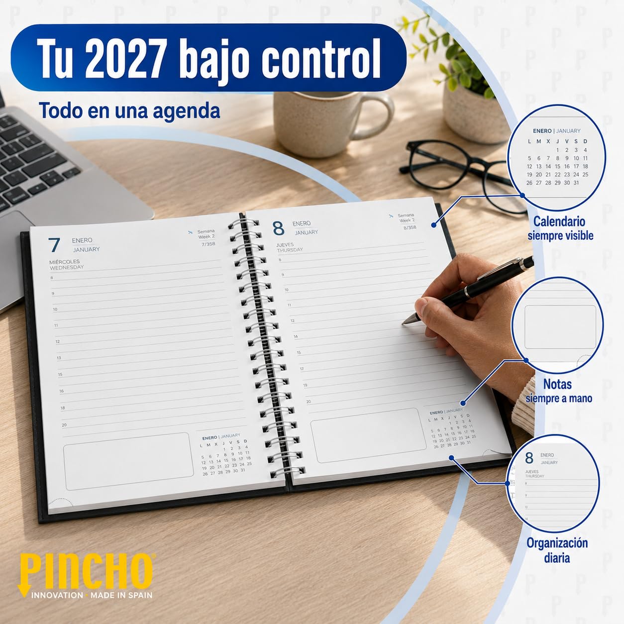 Pincho Agenda annuel 2026 journalier à spirale 24,5 x 19,5 cm, B5 avec couverture rigide, agenda journalier, sab. et dim. même page, calendrier, agenda scolaire (Marino)