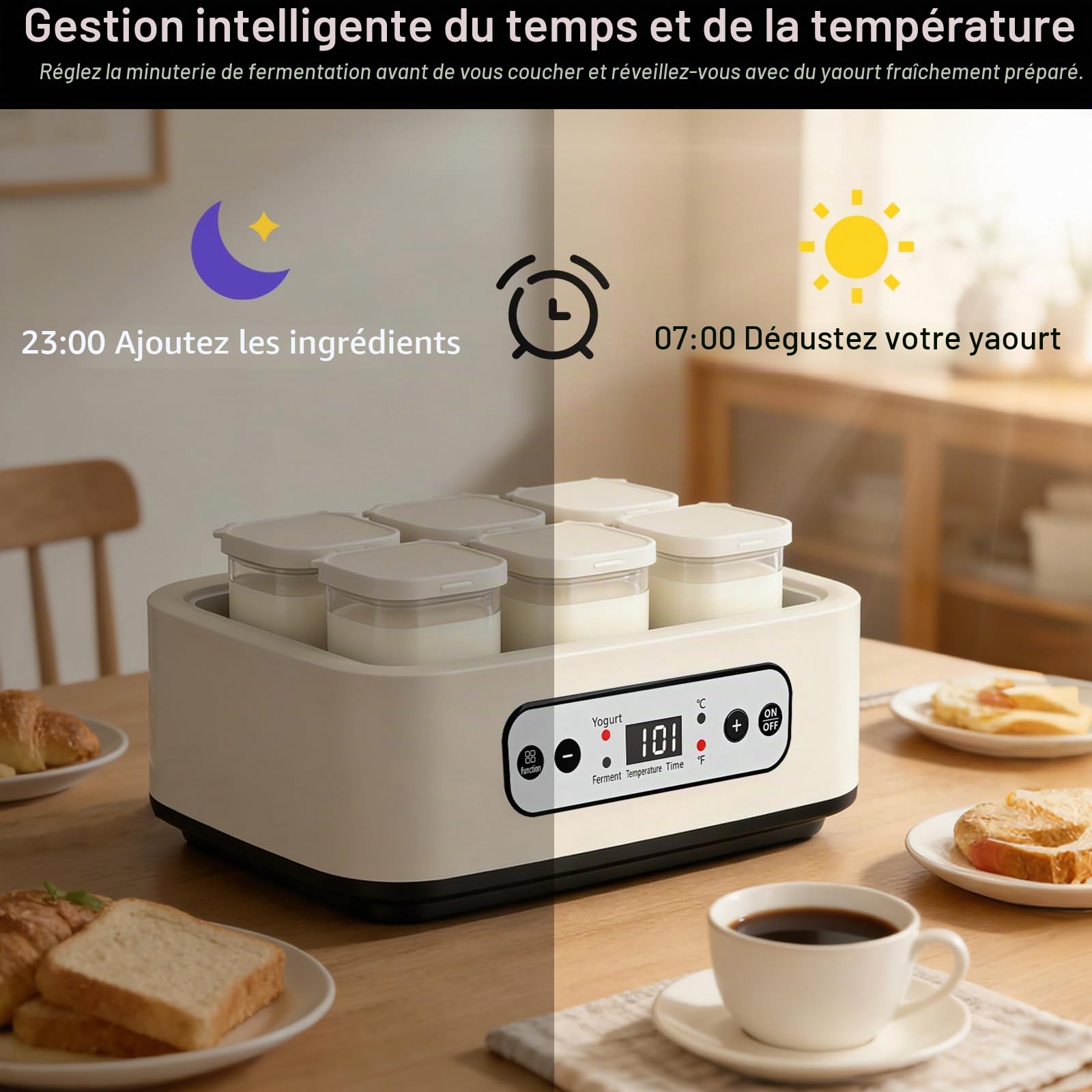 Yaourtière, Yaourtiere 1,6 L avec 6 Pots de 250 ml Yaourtière Électrique avec Minuterie Réglable de 1 à 99 Heures Contrôle de la Température de 21 à 48 °C et Écran LCD pour Yaourt Natto et Vin de Riz