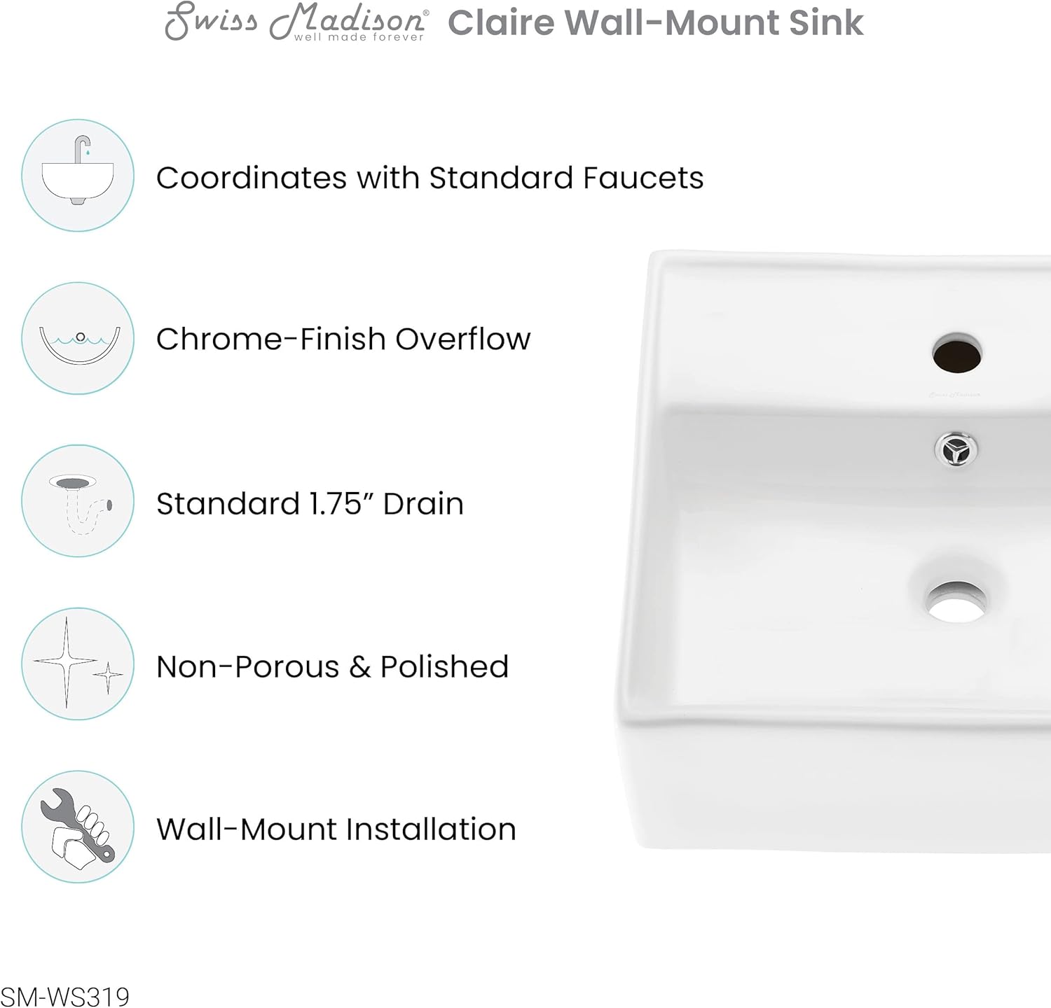 Swiss Madison SM-WS319 Claire Compact Ceramic Wall Hung Sink