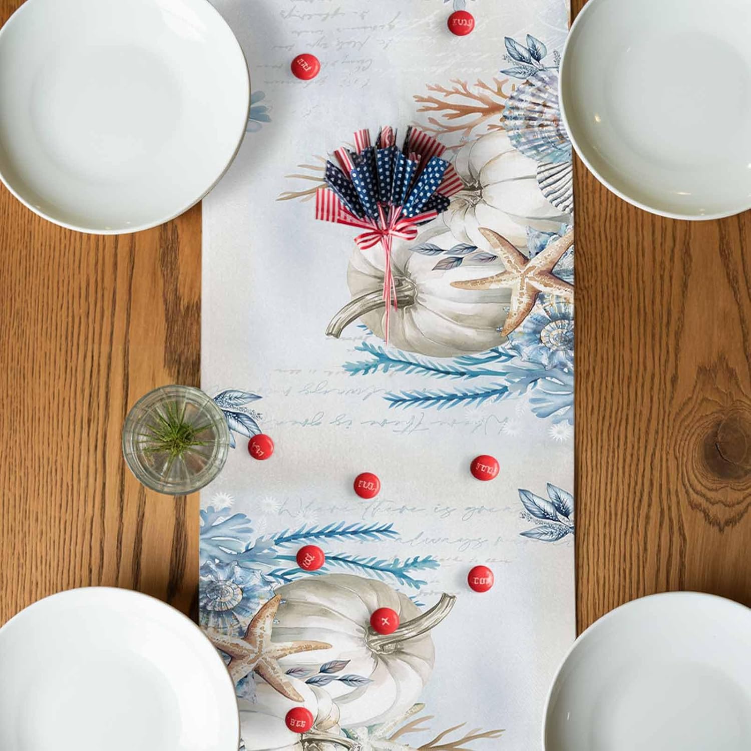 Fall Table Runner Thanksgiving Coastal Starfish Coral Shell Table Runners Plant Pumpkin Blue Washable Cotton Linen Dresser Scarf Kitchen Dining Table Decor for Autumn Holiday Party Coffee 13x108 Inch
