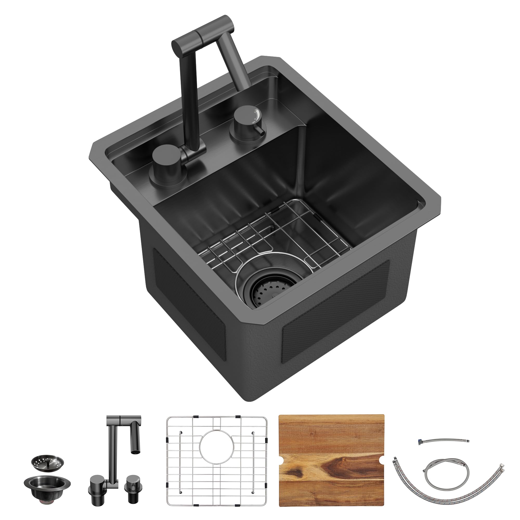 13"x15" Undermount RV Kitchen Sink Workstation – Gunmetal Black NANO-PVD, 16 Gauge 304 Stainless Steel, Single Bowl Basin with Foldable Faucet for Mobile Home, Wet Bar, Outdoor RV Kitchen