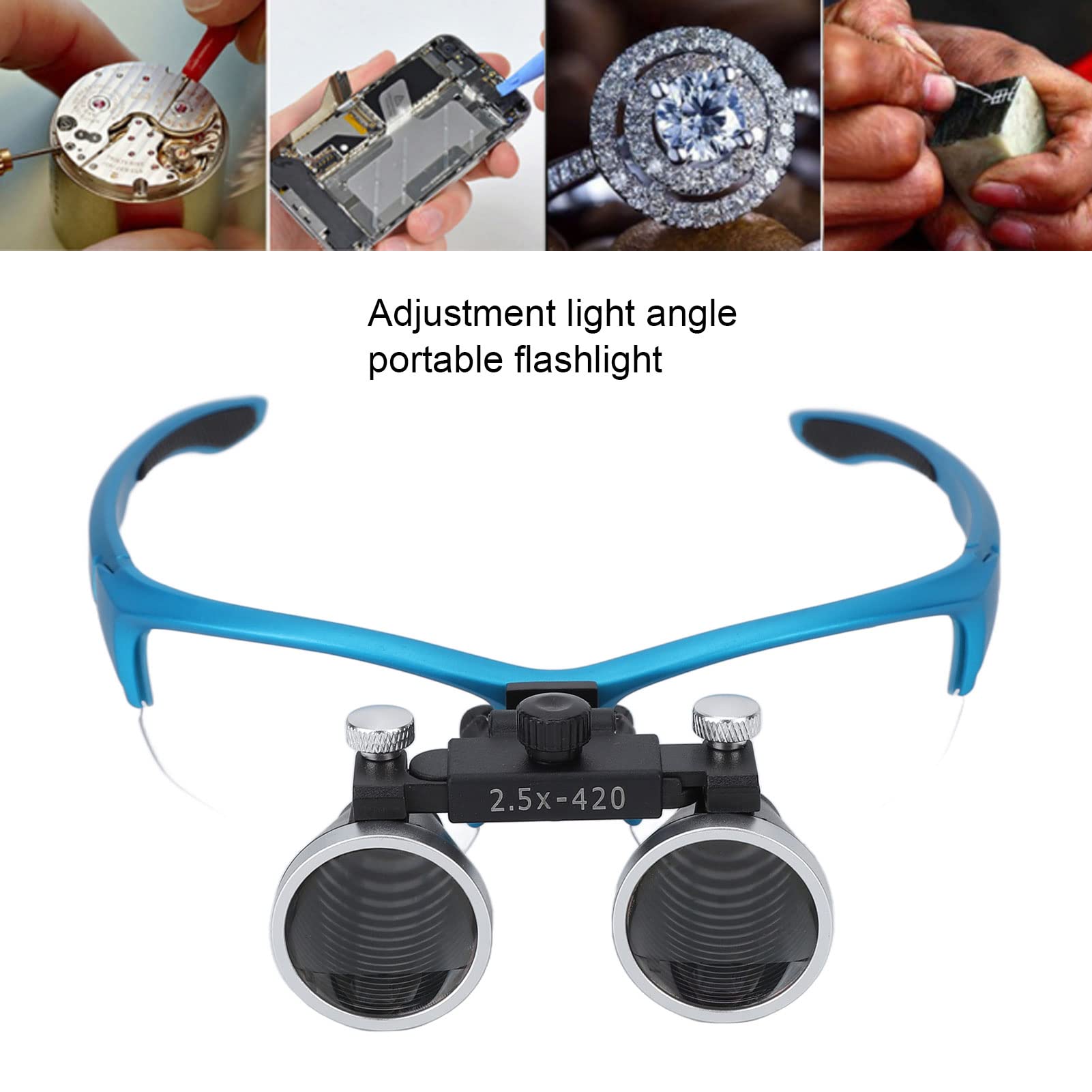 Brrnoo Loupes à Tête éclairée, Loupes Chirurgicales Dentaires Loupes 2,5X, Distance Optionnelle Loupe De Tête, Loupe De Réparation De Montre, Vernis terne Bleu