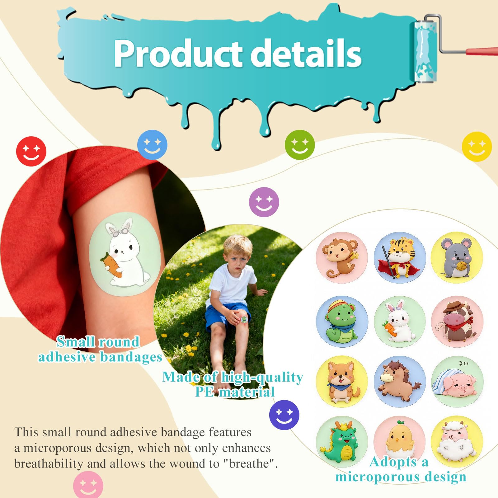 Cerotti per Bambini 120 Pezzi, Cerotti Adesivi Rotondi da 2,2 cm con Cartoni Animati, Tessuto Flessibile per Piccole Ferite, Brufoli e Vaccinazioni, Protezione Completa per la Pelle Sensibil