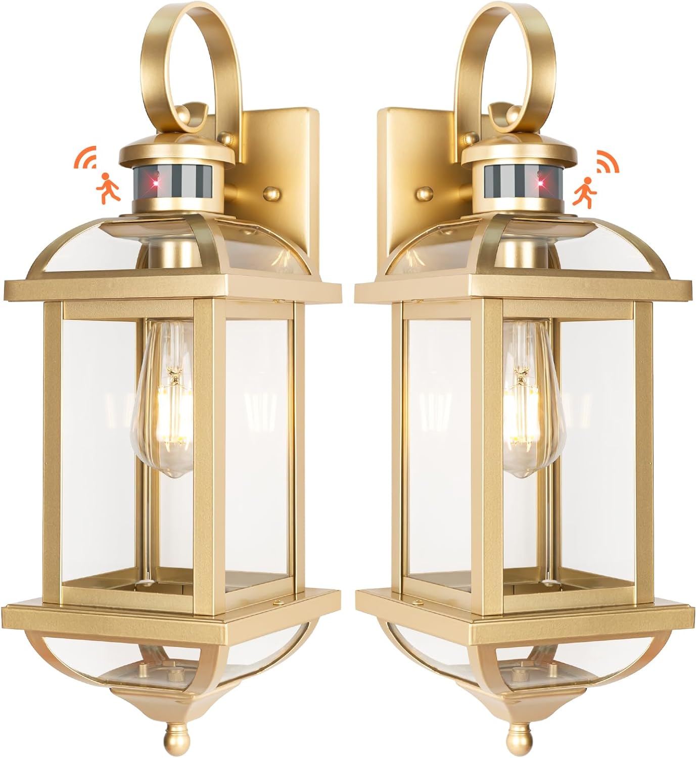 Roravilila Gold Motion Sensor Outdoor Light Fixtures Dusk to Dawn, 19 Inch Enclosed Bottom Anti-Rust Aluminum Large Outside Wall Lanterns for House Brass Exterior Light Outdoor Sconces for Patio