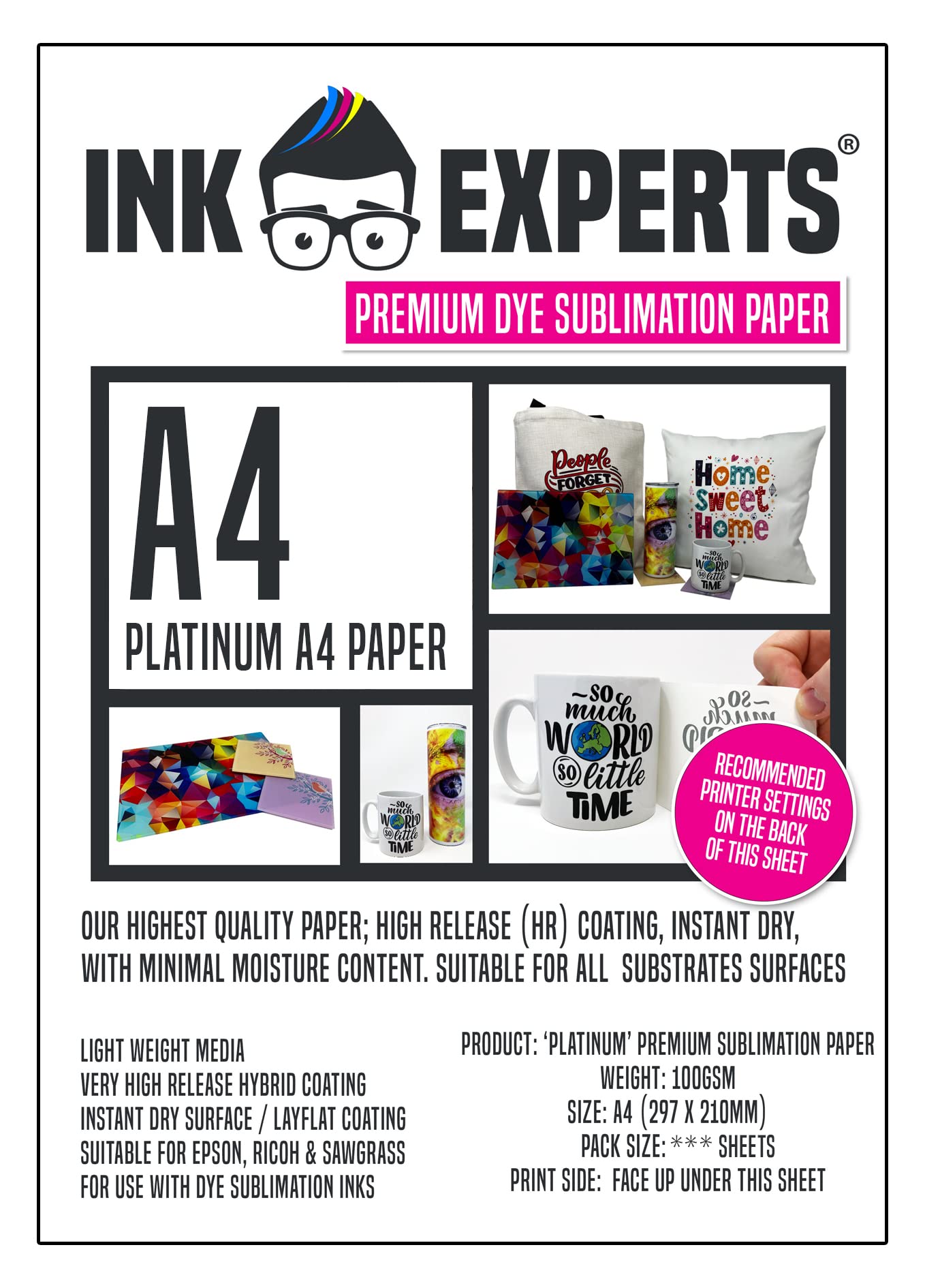 Ink Experts 100gsm Platinum A4 Premium High Release Dye Sublimation Paper (300 Sheets)