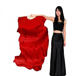 Women Chinese Natural Silk Hand Made 1 Pair (Left+Right) Belly Dance Fan Veils Length 1.8m Width 0.9m