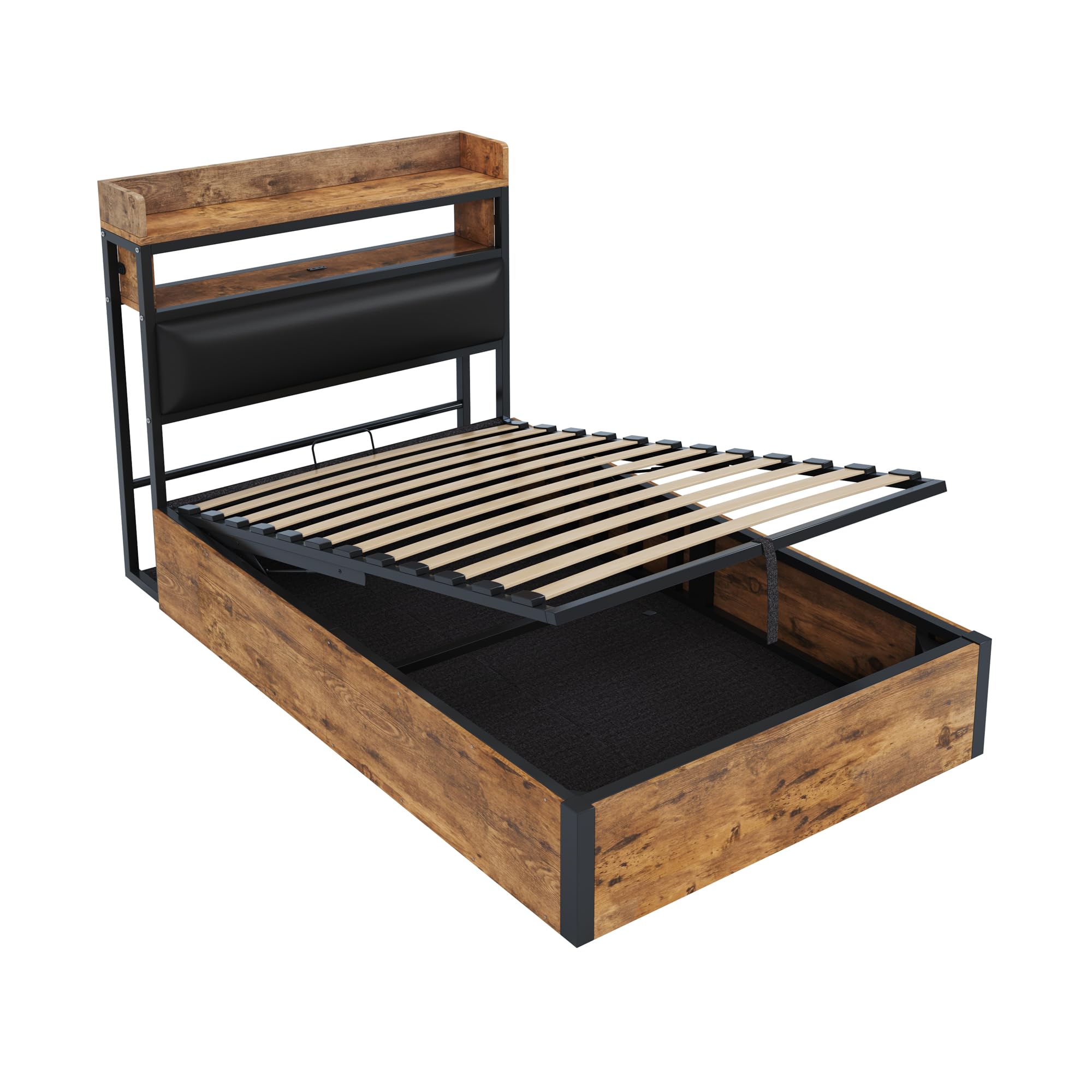 Merax Bettgestell 90x200, Hydraulisch Holzbett mit großem Stauraum, gepolstertem Kopfteil mit Ablage, USB-Ladeanschlüssen, Holz-Metall-Design, Schwarz (Ohne Matratze)