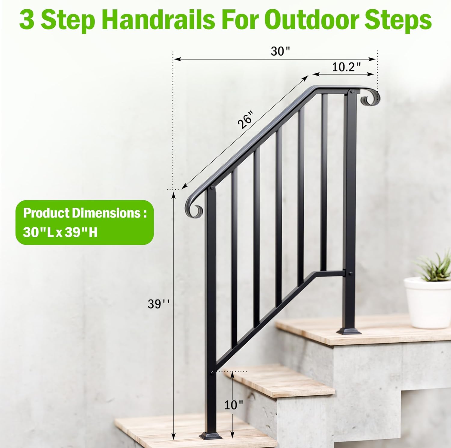2 Pack 3 Step Handrails for Outdoor Steps, Fits 2 or 3 Steps Galvanized Iron Stair Railing, Metal Hand Rail with Installation Kit, Staircase Handrails for Concrete, Porch, Deck, Exterior Steps, Black