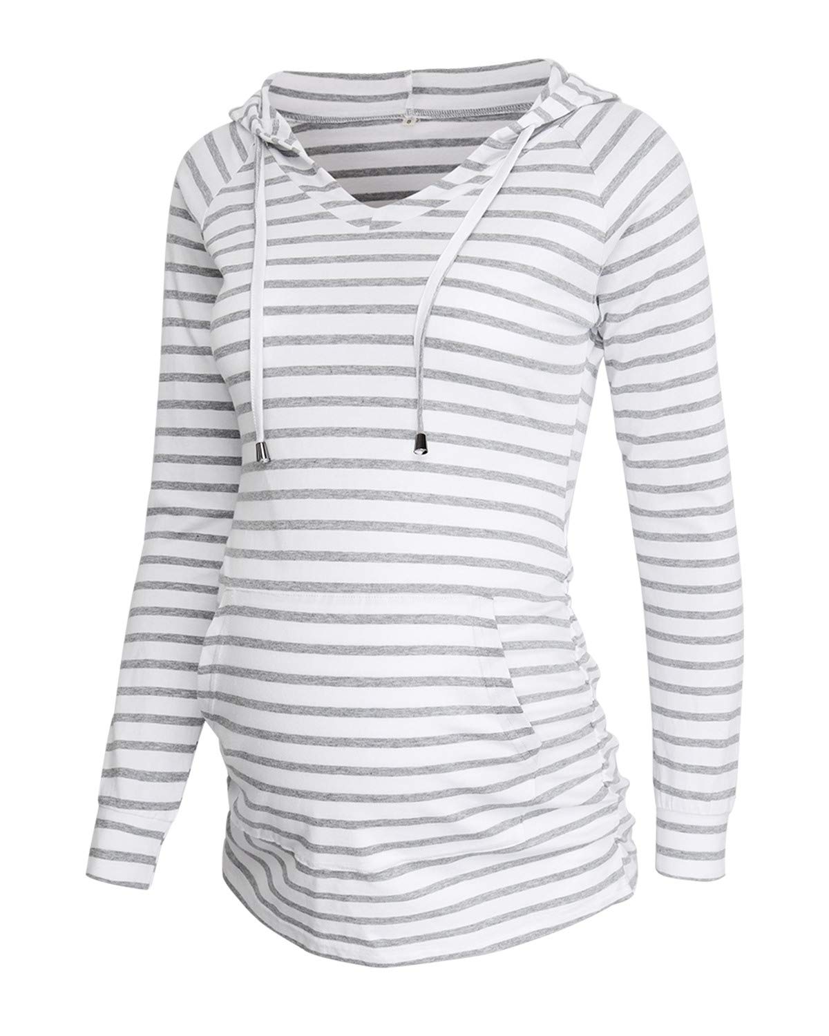 Womens Maternity Hoodie Side Ruched Top Long Sleeve V Neck Pregnancy Sweatshirt Tunic with Pockets