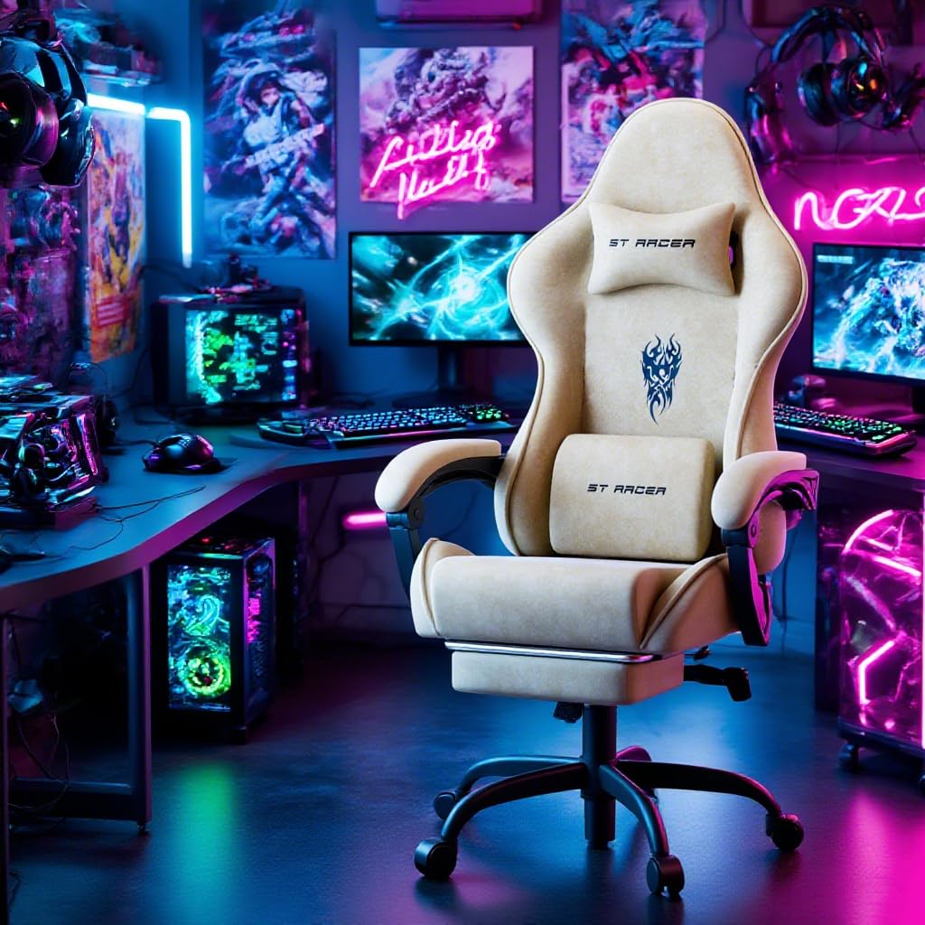 Huracan Gaming Stuhl mit Massage Lendenwirbelstütze, Verstellbare Armlehnen Gaming Chair, Gamer Stuhl Ergonomisch mit Fußstütze, Samtstoff, 90-160° Rückenlehne verstellbar Gaming Sessel, 150KG（Beige）