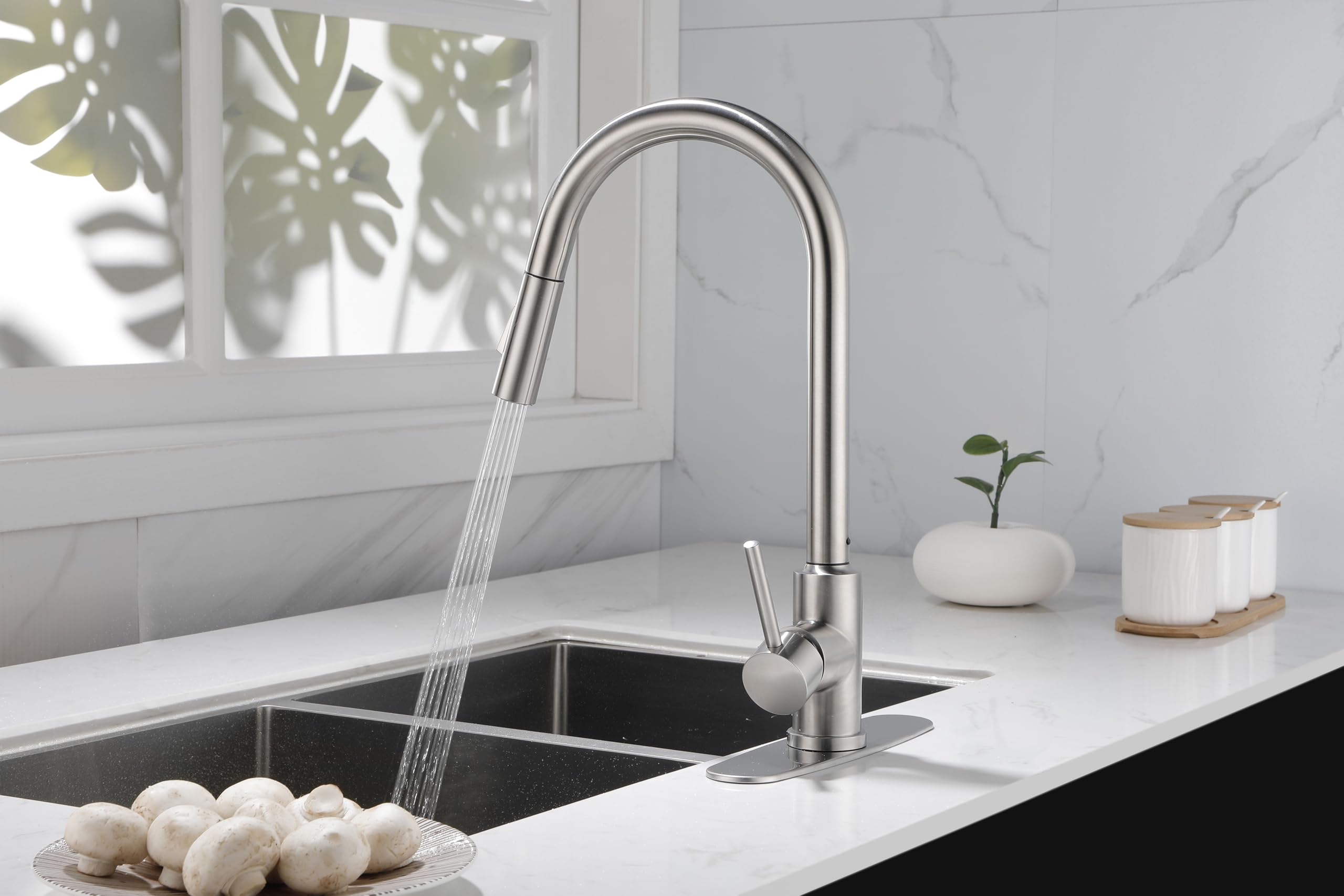 COSZWQDP Stylish Kitchen Faucet with Pull Down Sprayer for Effortless Clean-Up Brushed Nickel Finish High-Arc Design for Versatile Use