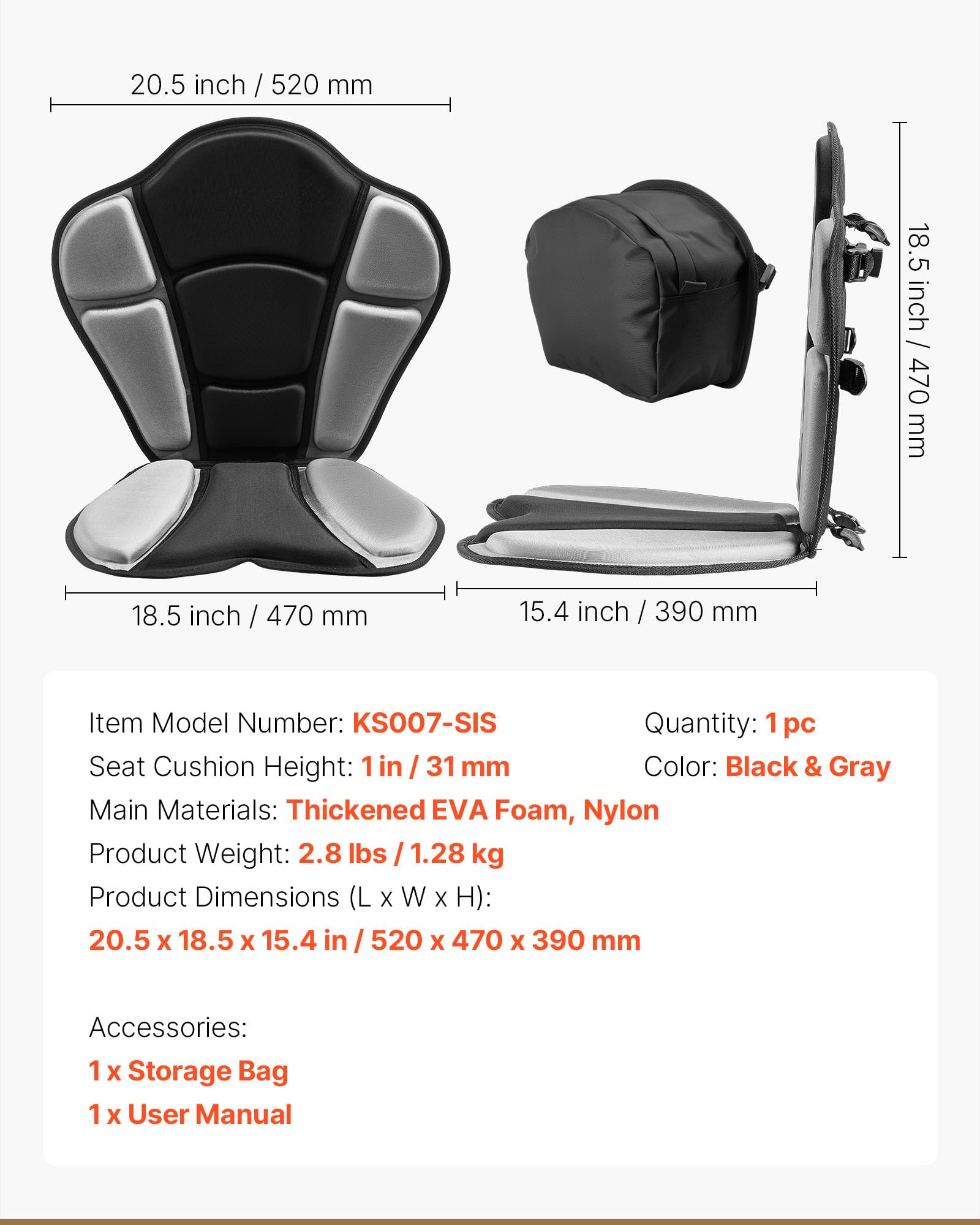 VEVOR Sedile per Kayak 1 pz Sedile con Schienale per Kayak Gonfiabile Spessore 31 mm Sedia con Schienale per Canoa Barca Paddleboard con Borsa Portaoggetti Cinghie Regolabili per SUP Barche da Pesca