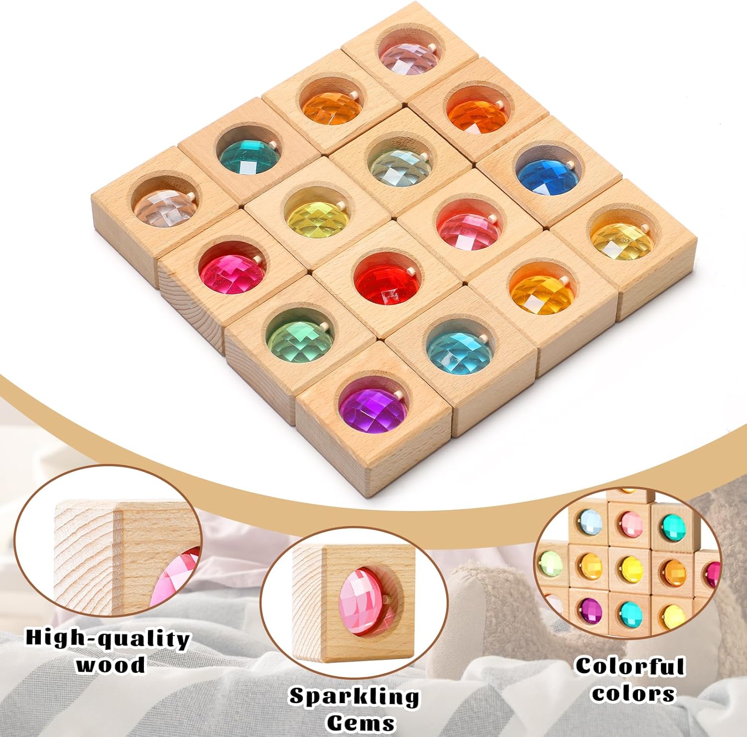 16 Pcs Acrylic Wooden Gem Blocks Sparkling Translucent Cubes Stacking Toys Wooden Cubes Blocks with Colorful Acrylic Open Ended Play Montessori Educational Toys (Round)