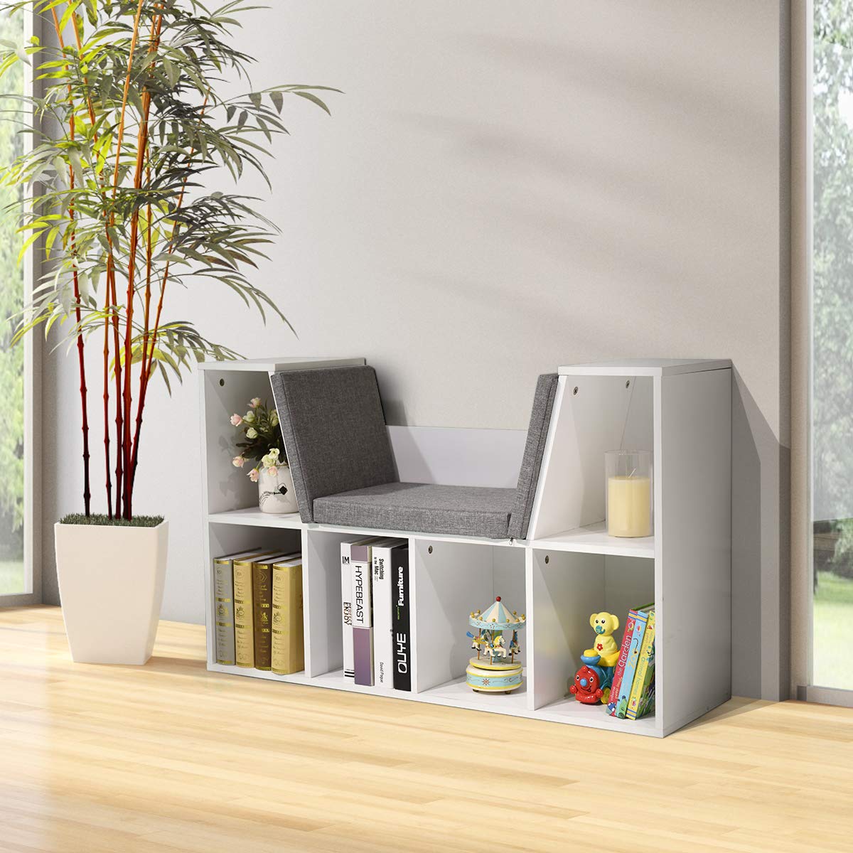 GYMAX Mobiletti per Bambini, Scaffale Libreria in Legno, Seduta con Cuscino, Carico 80 kg, Bianco, 102,5 x 30 x 63,5 cm