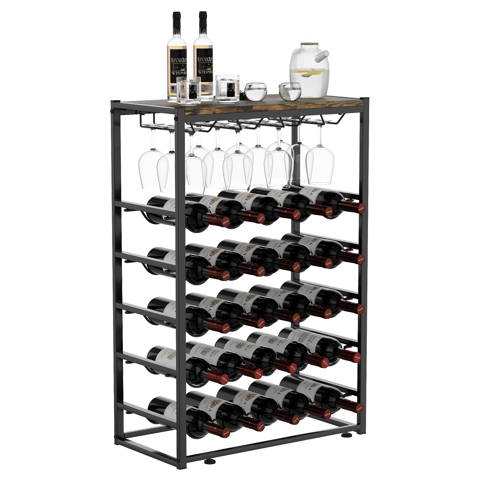 Urban Deco Wine Rack Free Standing Floor for 25 Bottles & 12 Wine Glasses, 5-Tier Wine Bottle Holder with Metal Frame and Wooden Tabletop, Liquor Shelf for Kitchen Bar Dining Room Living Room, Black