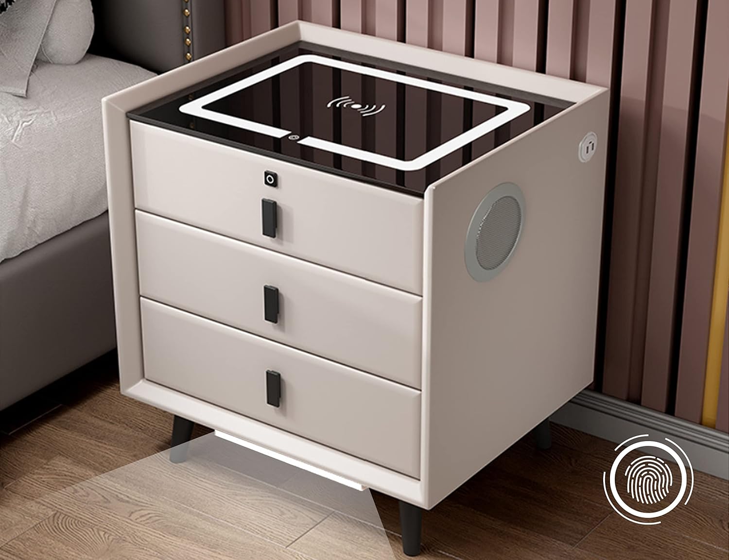 Smart Bedroom Nightstand with Fingerprint Lock and Wireless Charging Station, Modern Bedside Cupboard with USB and Type-C Port, Adjustable LED Lights and Speaker. (White, Three Drawers)