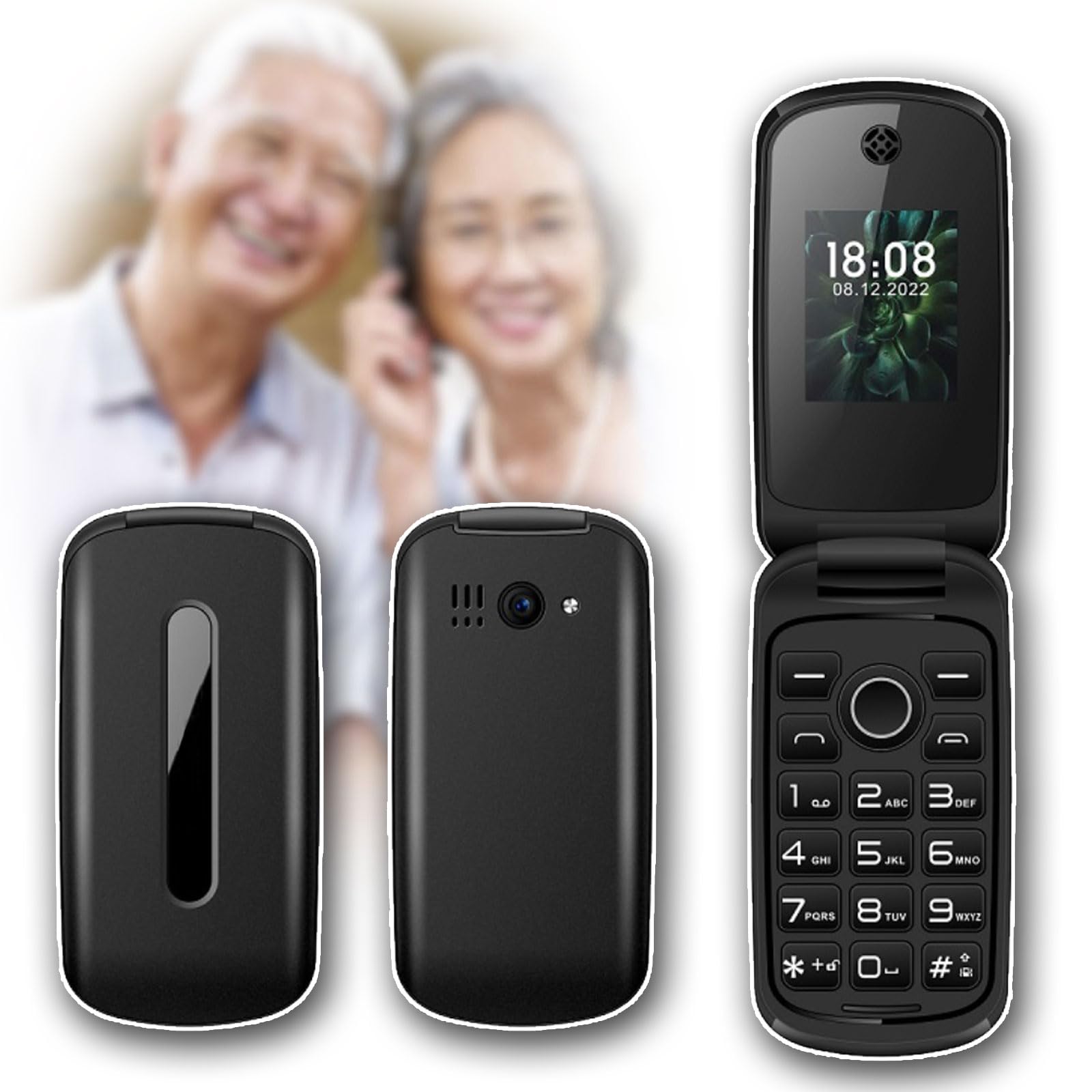 Przenośny Telefon Komórkowy Osób Starszych, 2G Mini Telefon Klapką Dual SIM + Podświetlenie LED/Latarka Głośny Dźwięk Czysty + Numer Rodzinny SOS Wibracja Przypominająca,Black