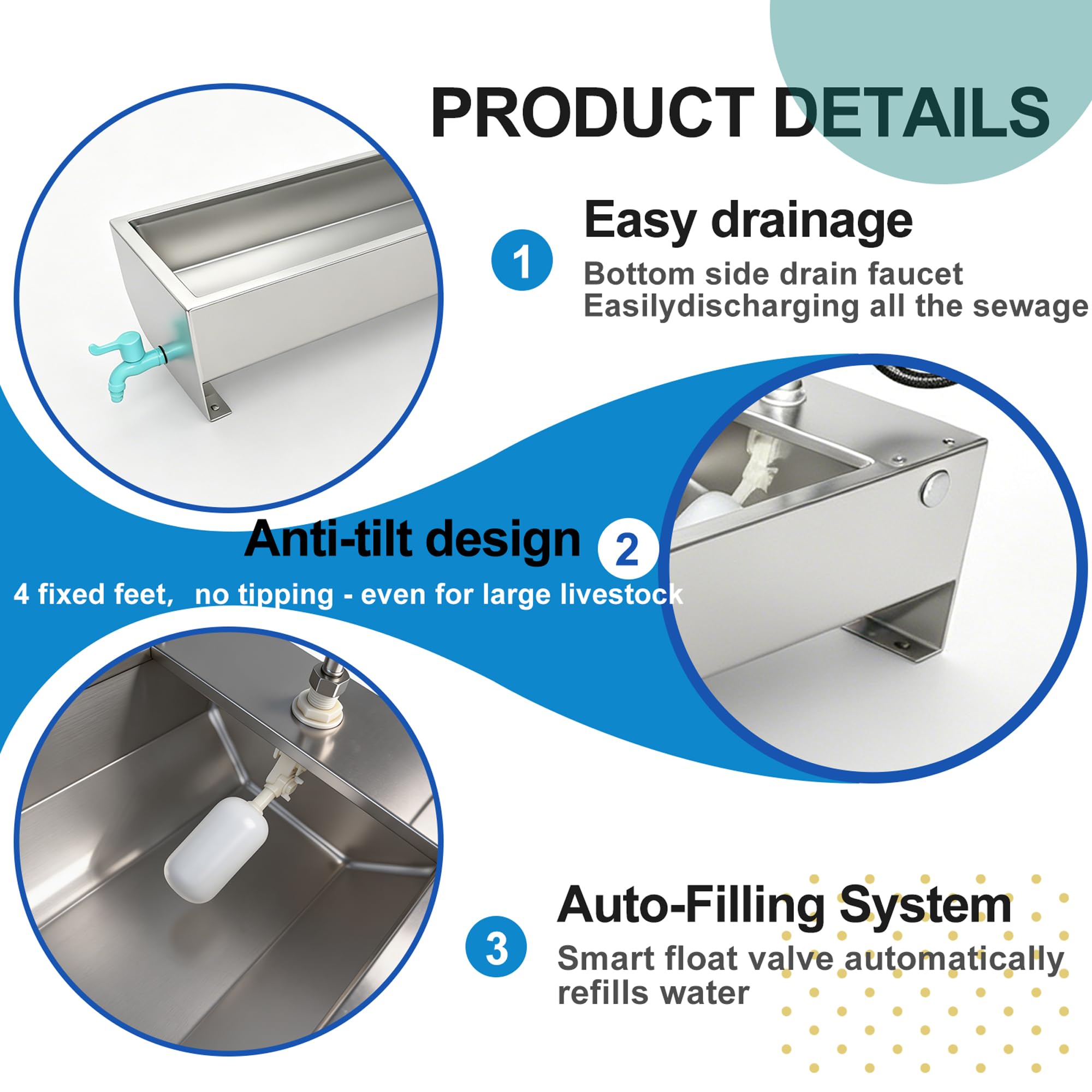 Dispensador automático de cuenco de agua grande para perros, bebedero de 3 galones de acero inoxidable con válvula flotante para ganado, pollo, cabra, caballo, cerdos, aves de corral, animales al aire