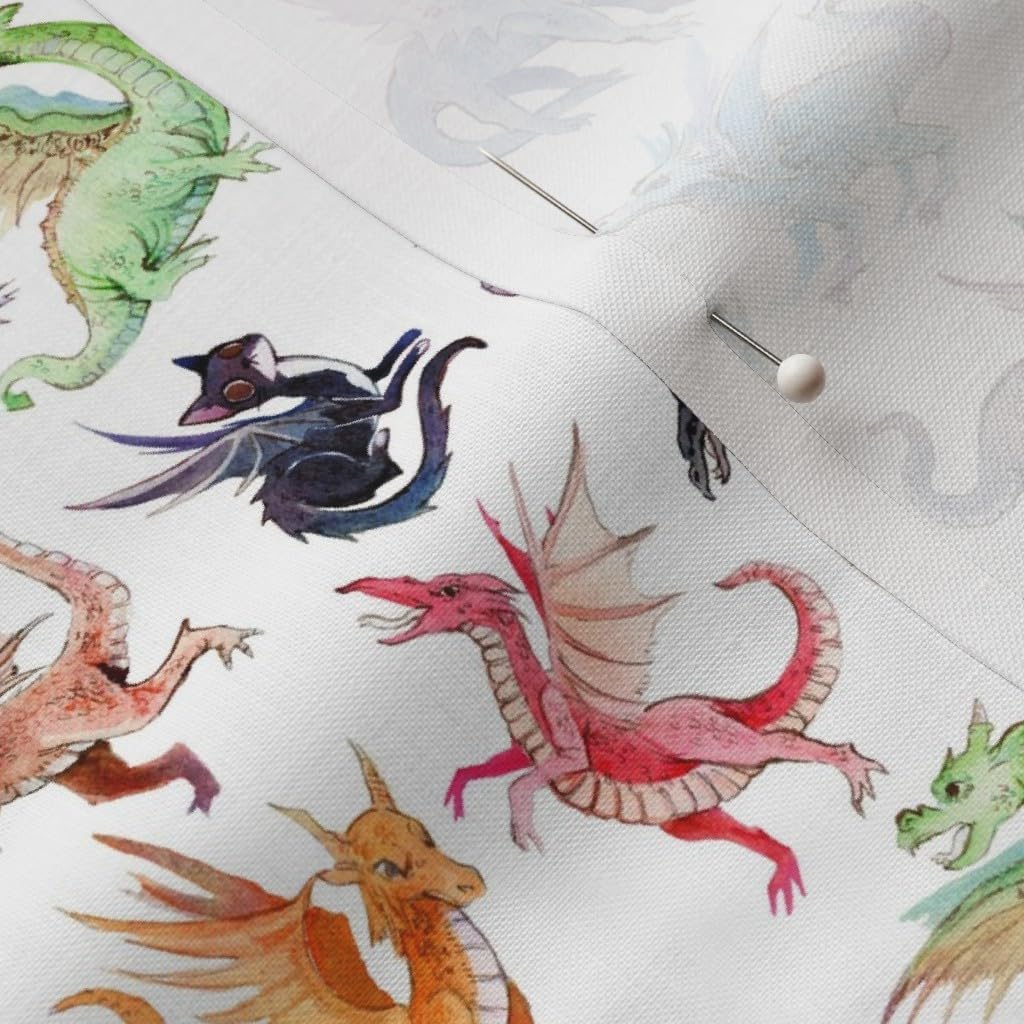 Spoonflower Fabric - Dragons Mythical Creatures Fantasy Cat Watercolor Paint Whimsical Printed on Petal Signature Cotton Fabric by The Yard - Sewing Quilting Apparel Crafts Decor