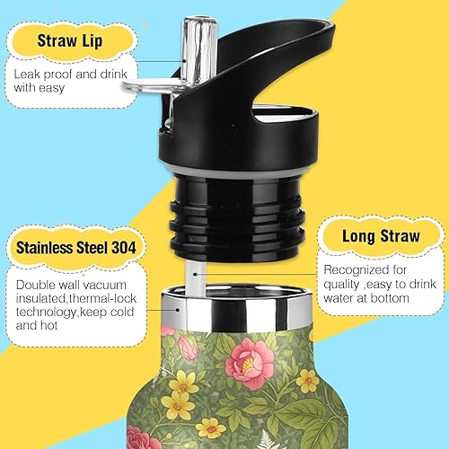 Miniatura 3 de Botella de agua para niños, para la escuela, a prueba de fugas, para niños y niñas, 20 onzas, sin BPA, flores botánicas vintage verde