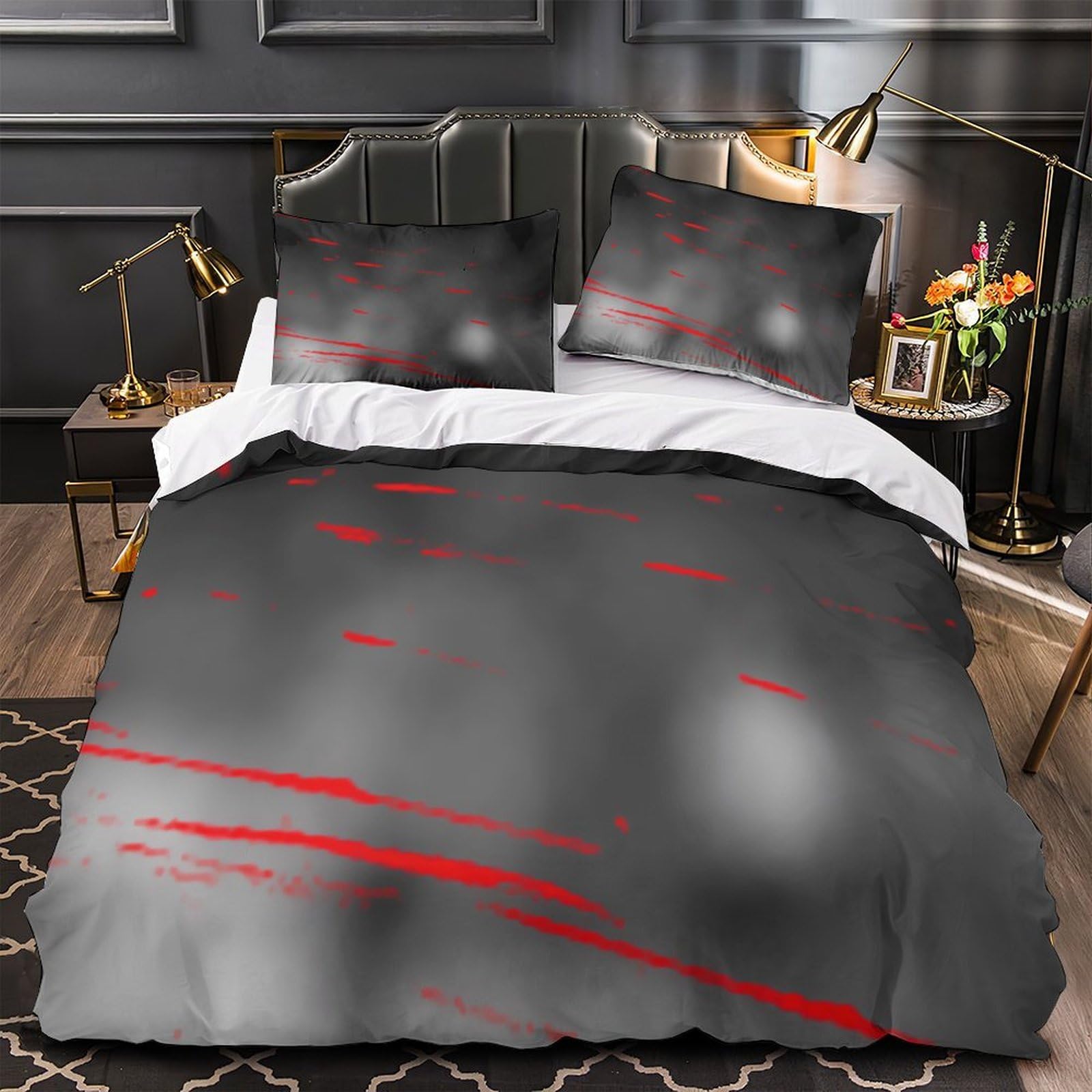 Housse de couette 220x240 rouge abstrait microfibre hypoallergénique parure de lit 3 pièces
