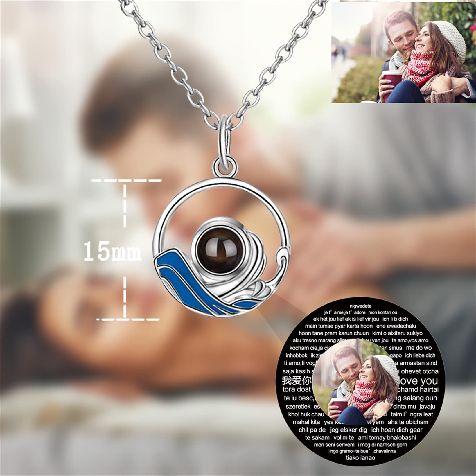 Collar de montaña con foto personalizada colgante de ola oceánica joyería de pareja