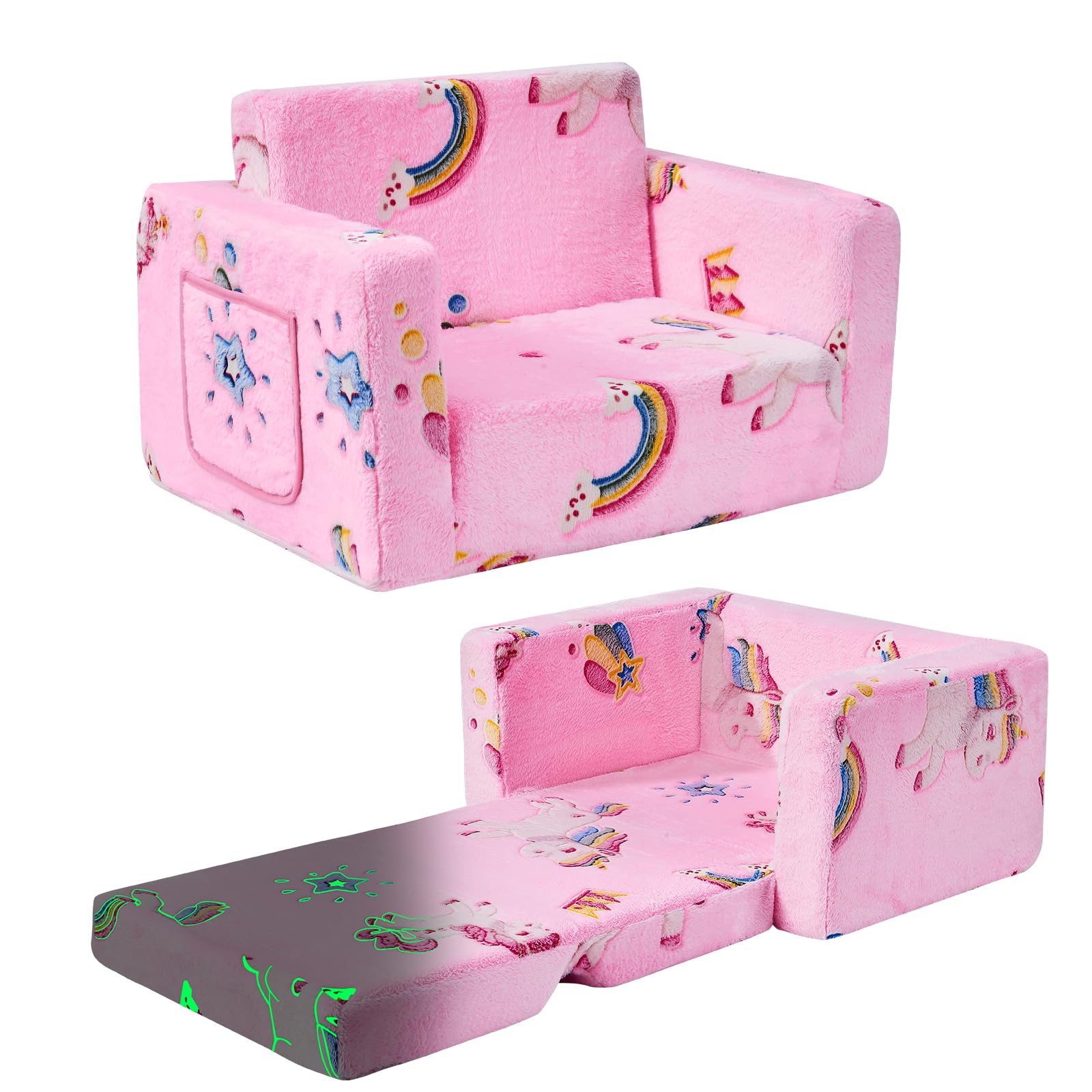 Toddler Couch,Toddler Chair,Kids Chair 2-in-1 Baby Seat Furniture Fold Out, Convertible Sofa to Lounger Comfy Glow in The Dark Sofa Bed,Gifts for Kids Girl Boys,Unicorns Rainbow,Medium