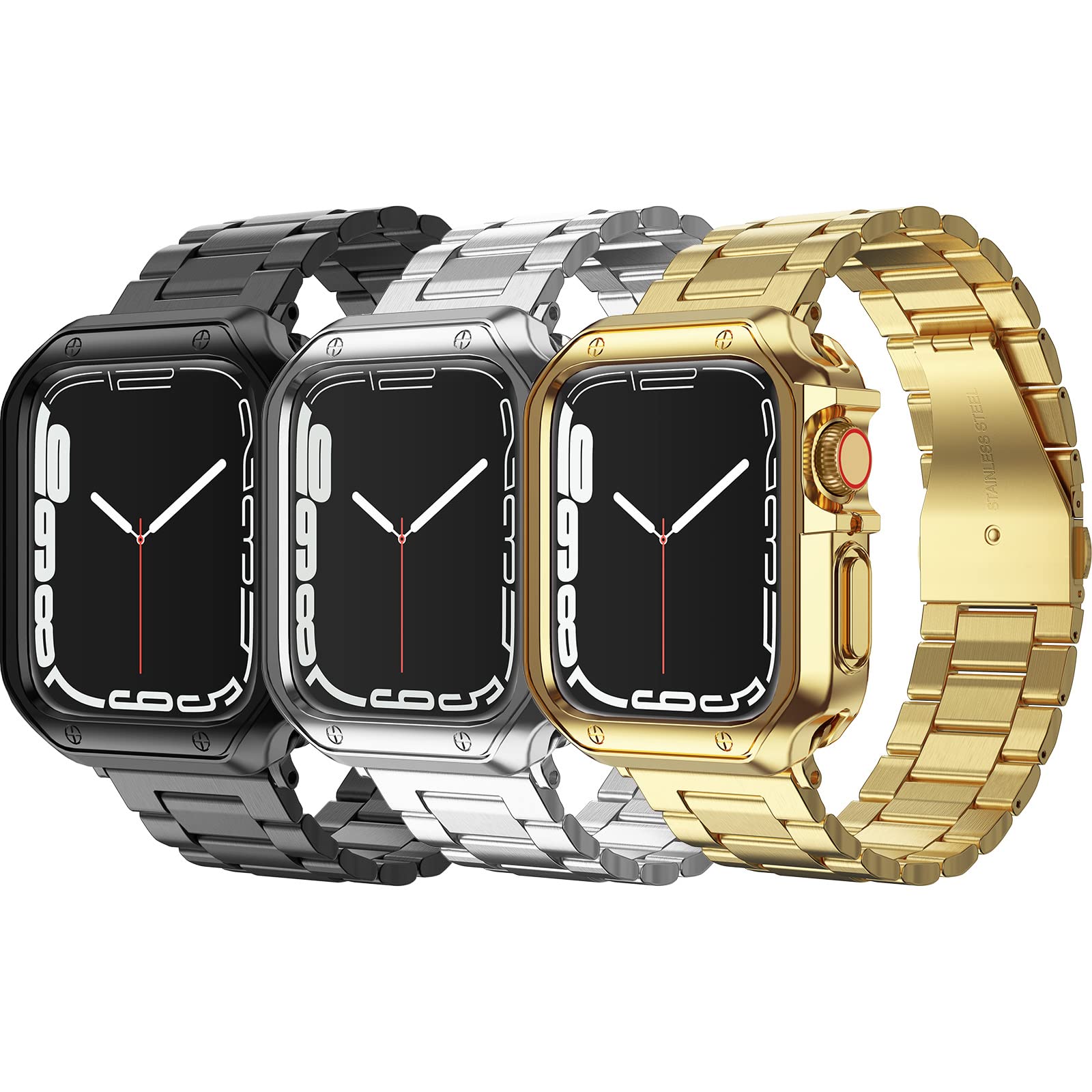 MRYUESG3 Pack Designed for Apple Watch Band, Wrist-Band for i-Watch Series 9 8 7 6 5 4 3 2 1 SE, Stainless Steel Metal Chain with TPU Cover Case, Smart-Watch Link Bracelet Strap, 45 44 42 41 40 38mm