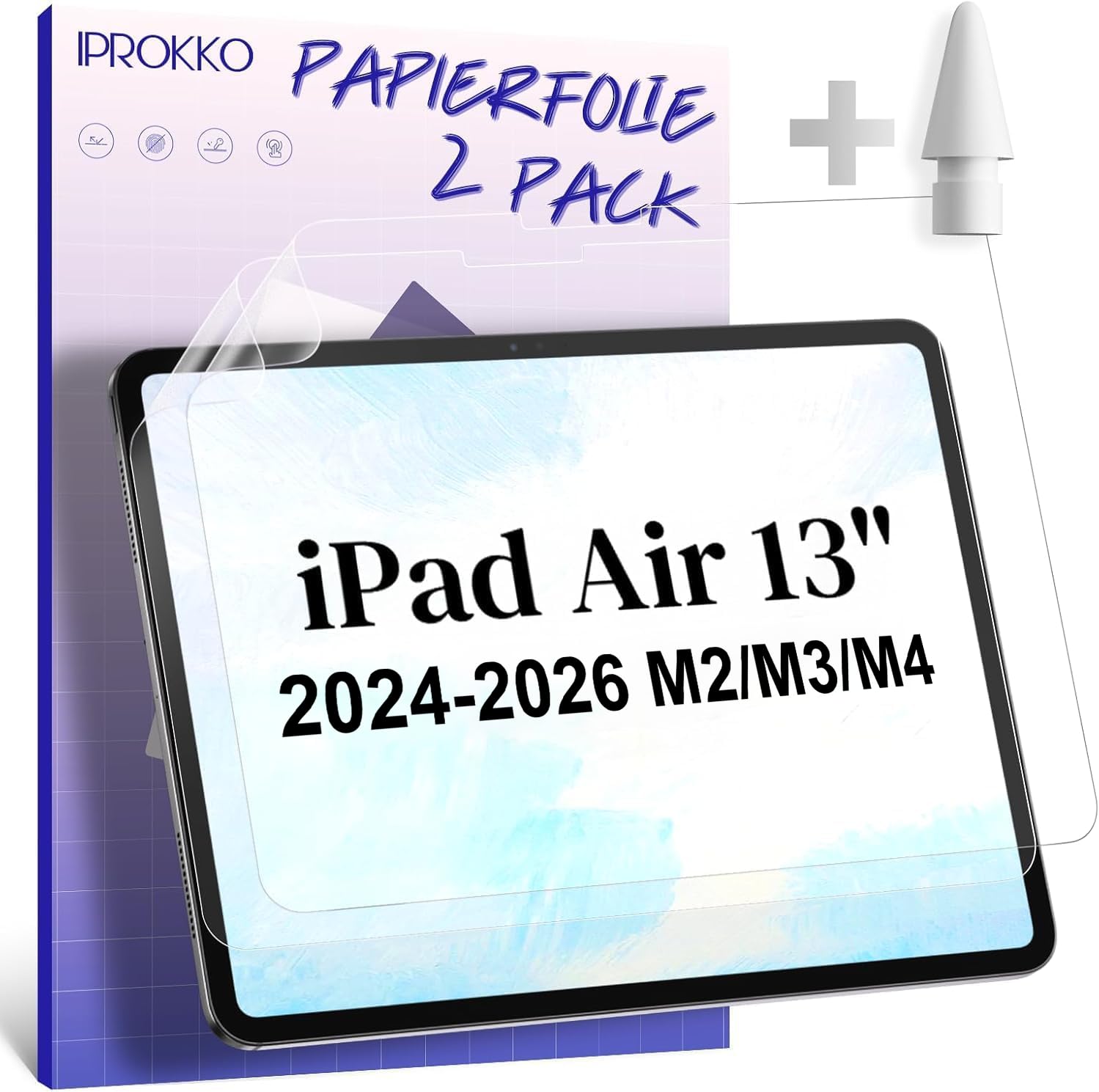 IPROKKO [2 Stück Papier Schutzfolie für iPad Air 13 Zoll M4/M3/M2 (2026/2025/2024), Like Paper Folie Matte Papierfolie Displayschutz Film Blendfreiem Screen Protector zum Zeichnen, Schreibe
