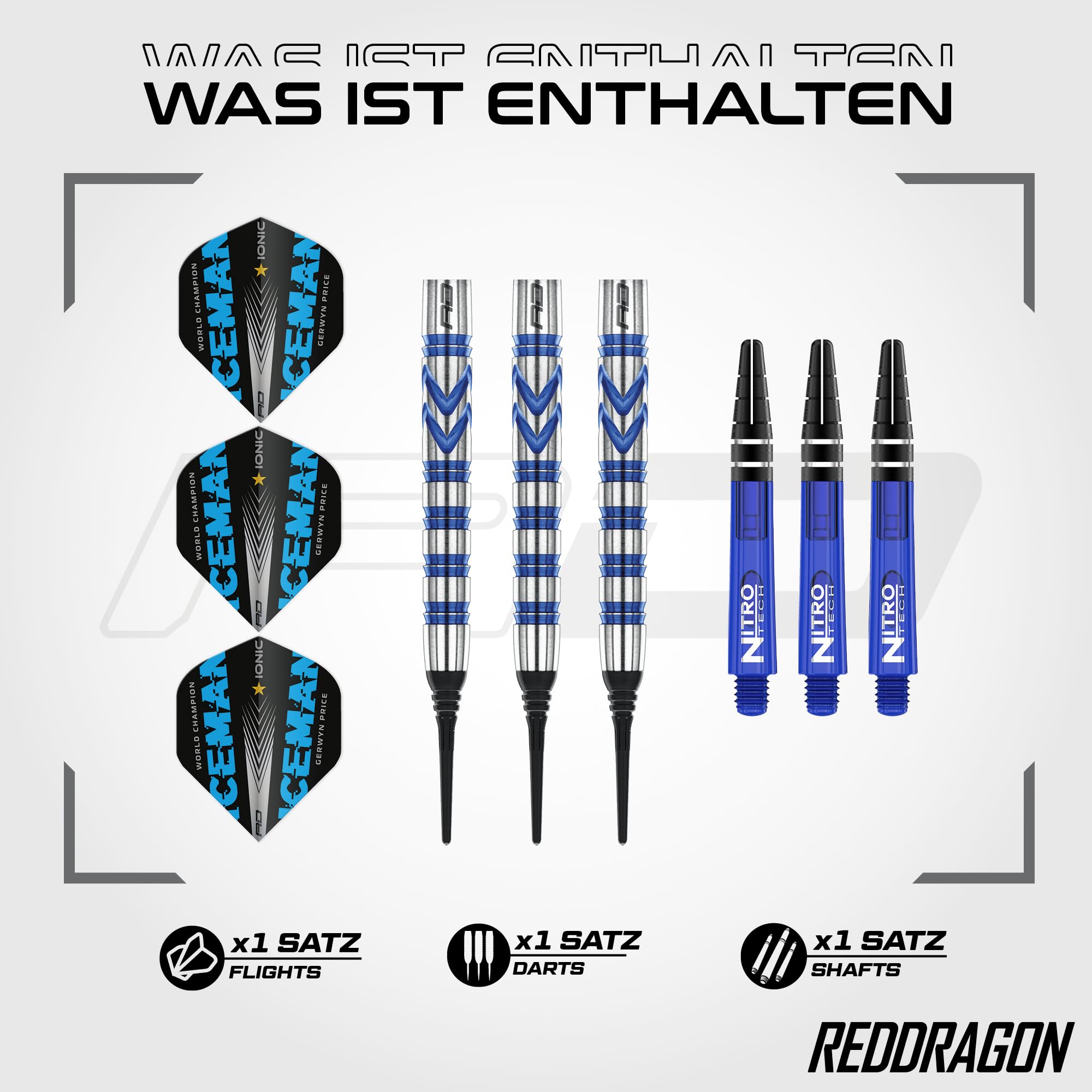 RED DRAGON Gerwyn Price Iceman Originals 20g Fassgewicht, 22g Gesamtgewicht Softip Tungsten Dartpfeile Set mit Flights und Schäfte